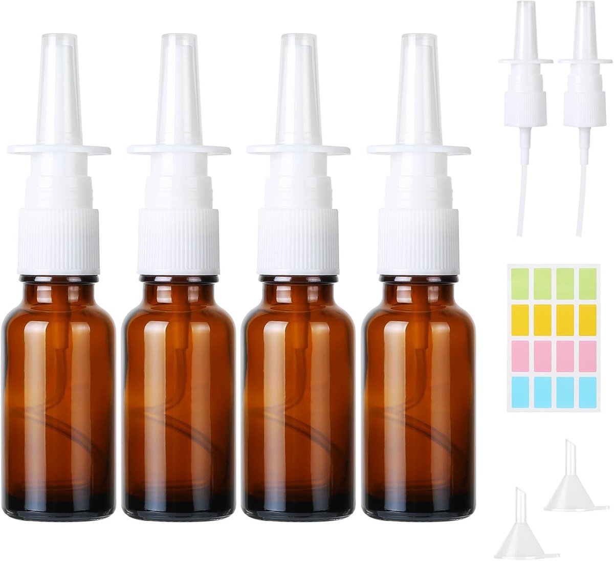 4 Stuks Neusspray Fles, 20ml Bruin Glas Lege Neusnevel, Neussprayfles Navulbare Neusverstuiver, Neusspray Flesjes met Trechter en Labels voor Parfum, Essentiële Oliën, Zoutoplossing