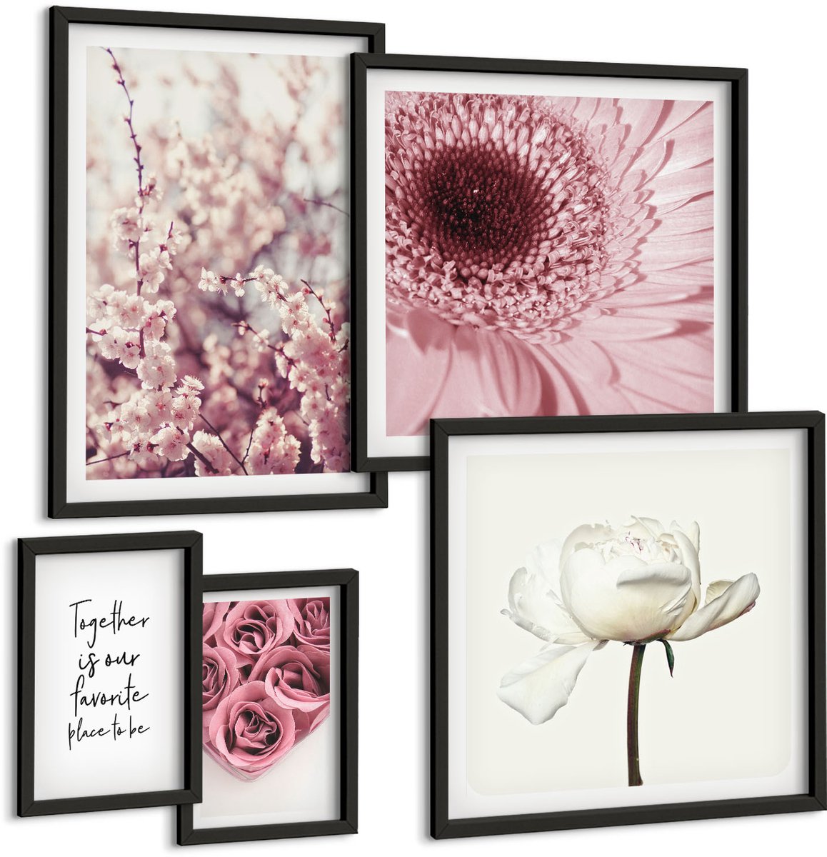 Coloray 5-Delige Schilderij Set - Bloemeninspiratie Voor Romantische Interieuraccenten - 50 x 50 cm, 20 x 30 cm En 40 x 60 cm - Wanddecoratie - Moderne Interieurdecoratie - Woonkamer Decoratie