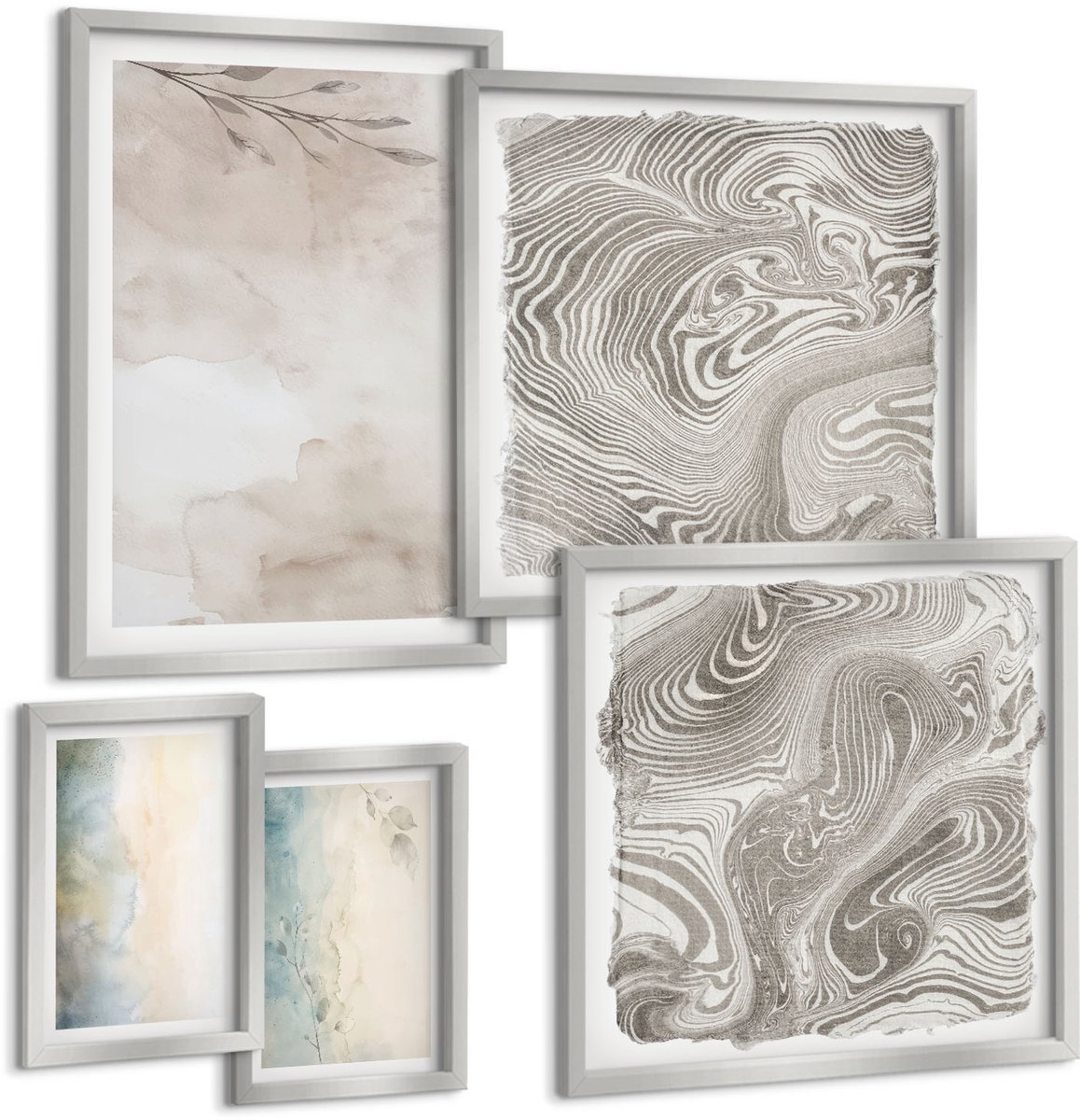 Coloray 5-Delige Schilderij Set - Geometrische Patronen Met Plantenaccenten In Groene Tinten. - 20 x 30 cm - Wanddecoratie - Woonkamer Decoratie - Muurdecoratie