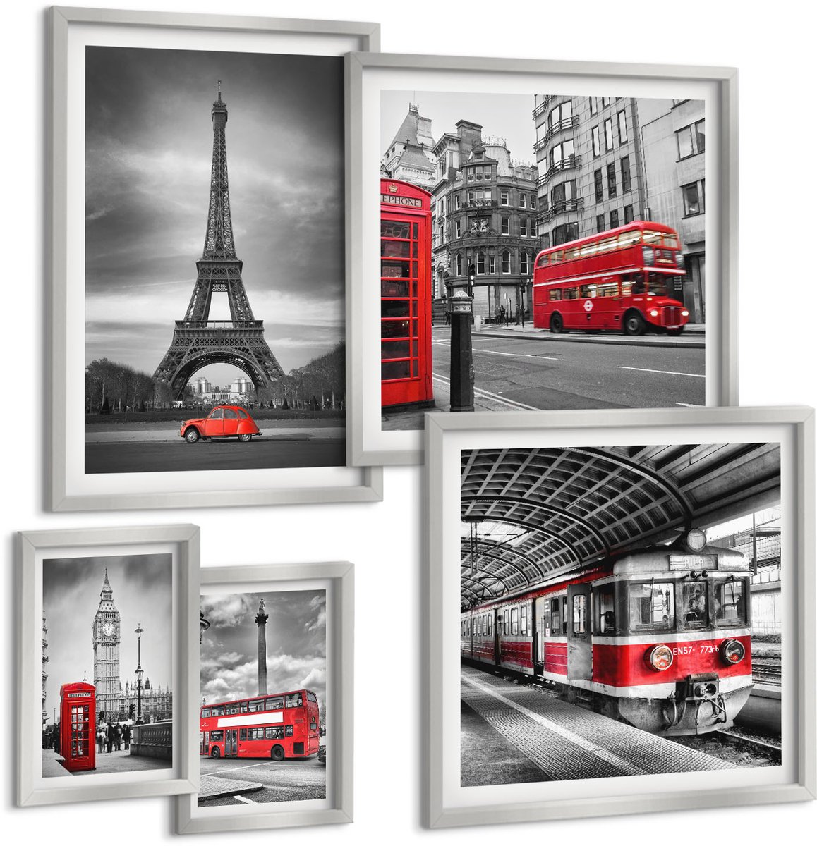 Coloray 5-Delige Schilderij Set - Rode Bussen In Het Londense Stadslandschap - 20 x 30 cm - Muurdecoratie - Wanddecoratie - Hal - Decoratieve Schilderijen