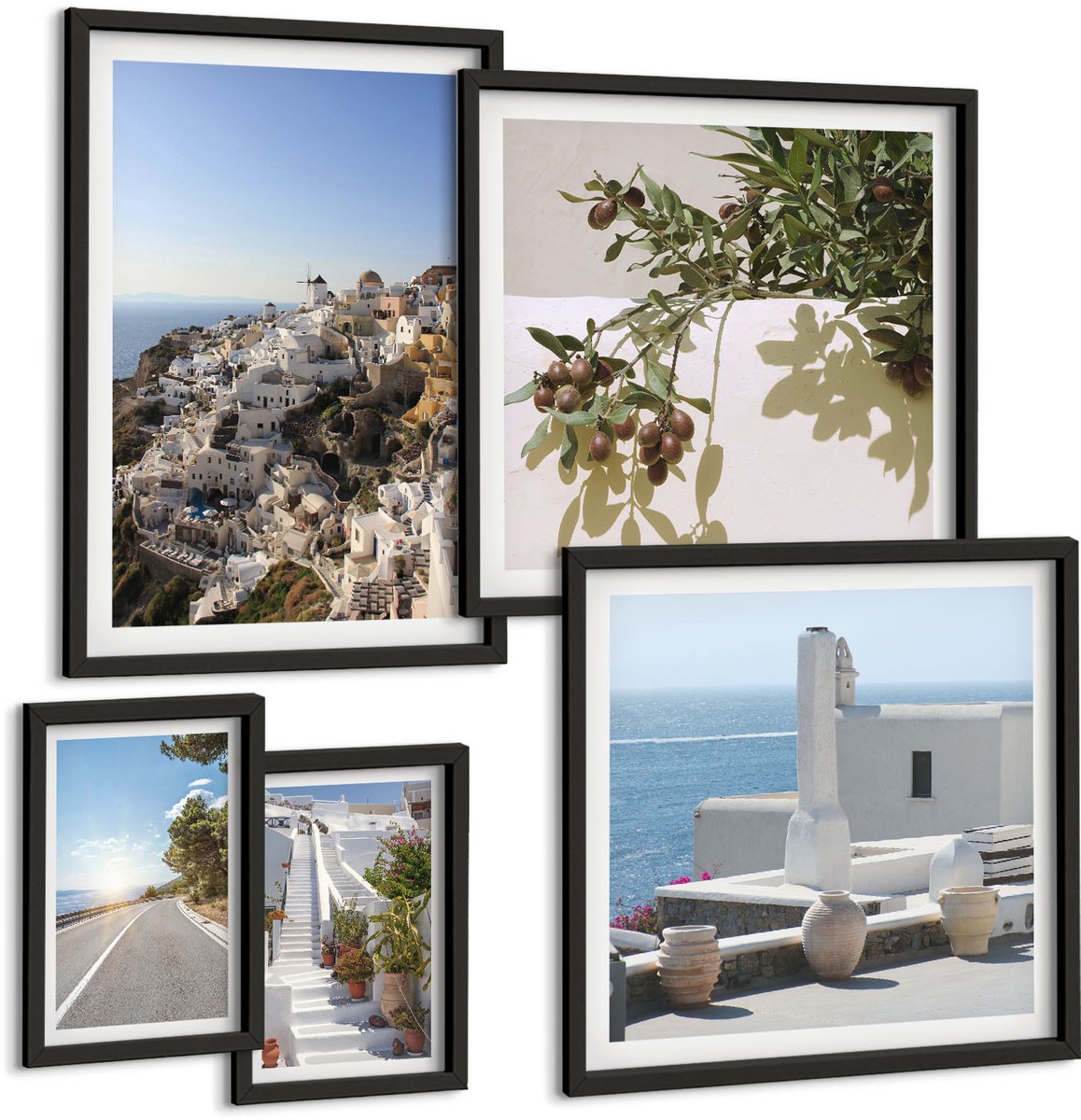 Coloray 5-Delige Schilderij Set - Uitzichten Op Santorini Met Pittoreske Straten En Landschappen - 50 x 50 cm, 20 x 30 cm En 40 x 60 cm - Wanddecoratie - Muurdecoratie - Woonkamer - Stijlvolle Muurdecoratie