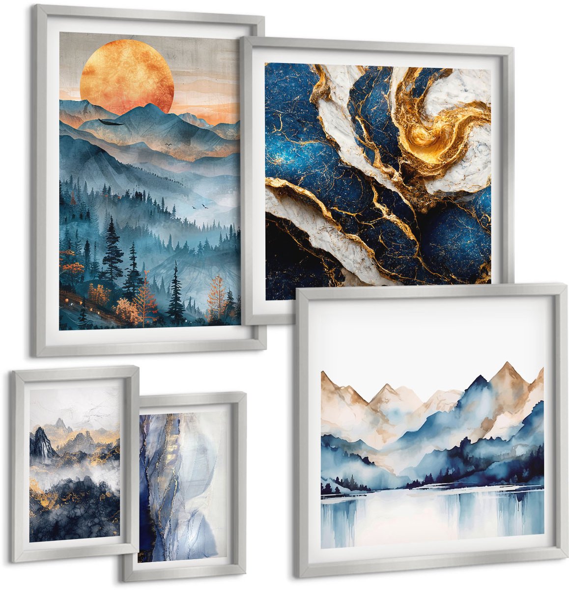 Coloray 5-Delige Schilderij Set - Berglandschappen Met Blauwe En Grijze Tinten - 20 x 30 cm - Wanddecoratie - Moderne Interieurdecoratie - Moderne Wanddecoratie