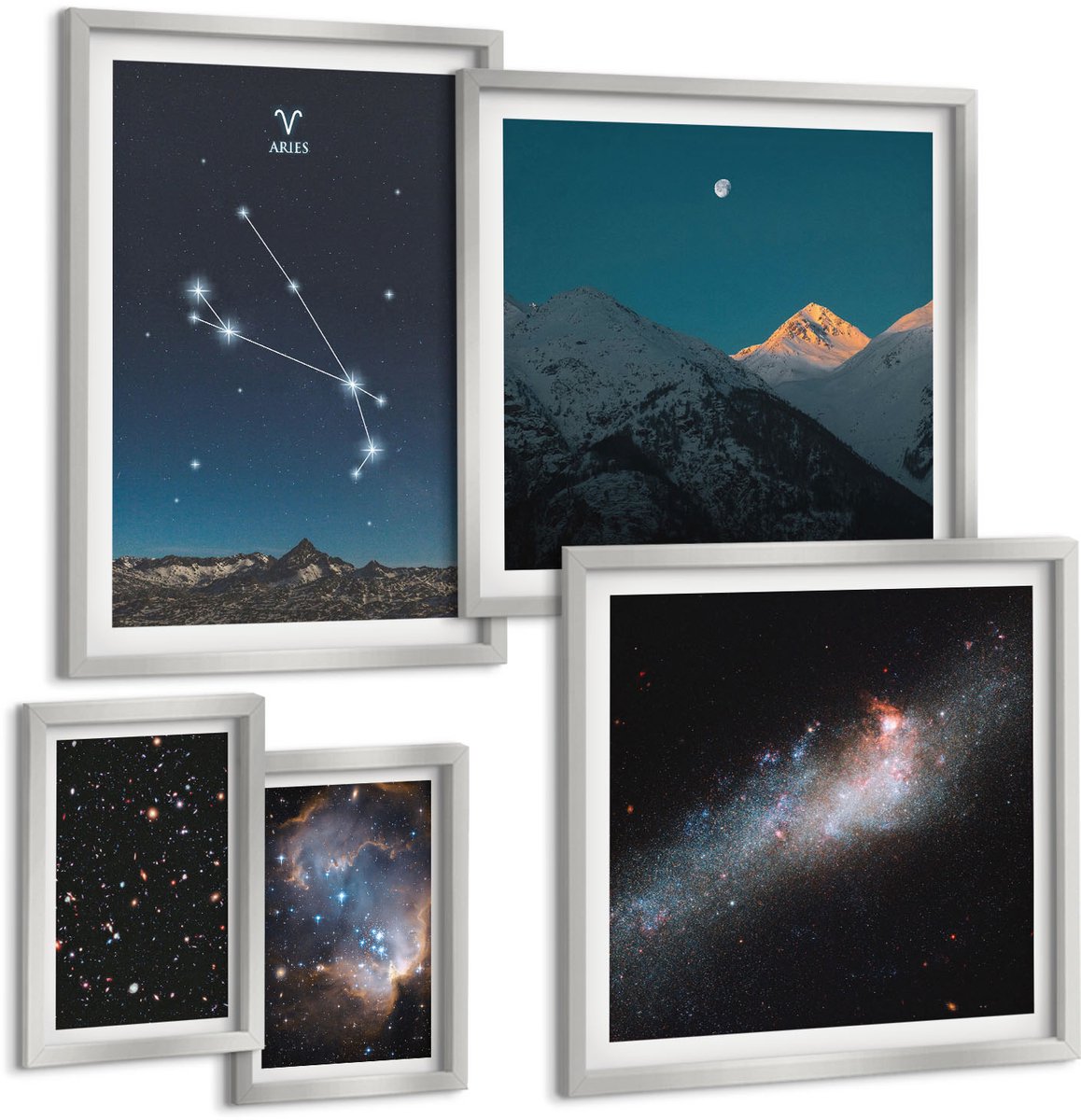 Coloray 5-Delige Schilderij Set - Kosmische Landschappen Van Sterrenstelsels En Dierenriemconstellaties Ram - 20 x 30 cm - Wanddecoratie - Moderne Interieurdecoratie - Woonkamer Decoratie