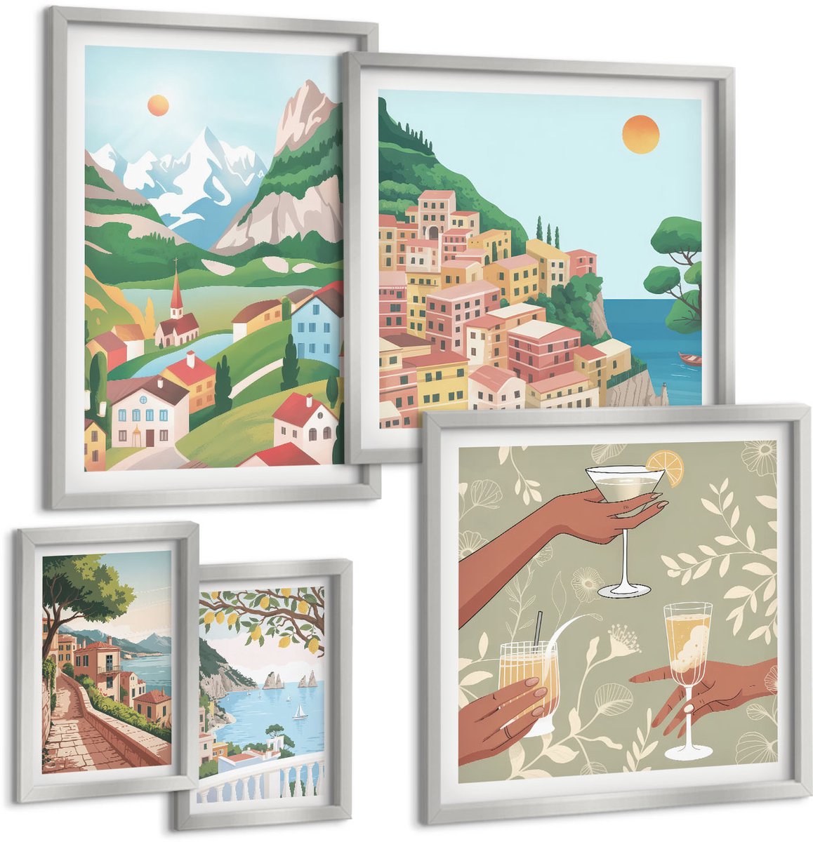 Coloray 5-Delige Schilderij Set - Schilderachtige Landschappen Met Zee En Citrusvruchten - 20 x 30 cm - Decoratieve Schilderijen - Woonkamer - Interieur - Woonkamer Decoratie