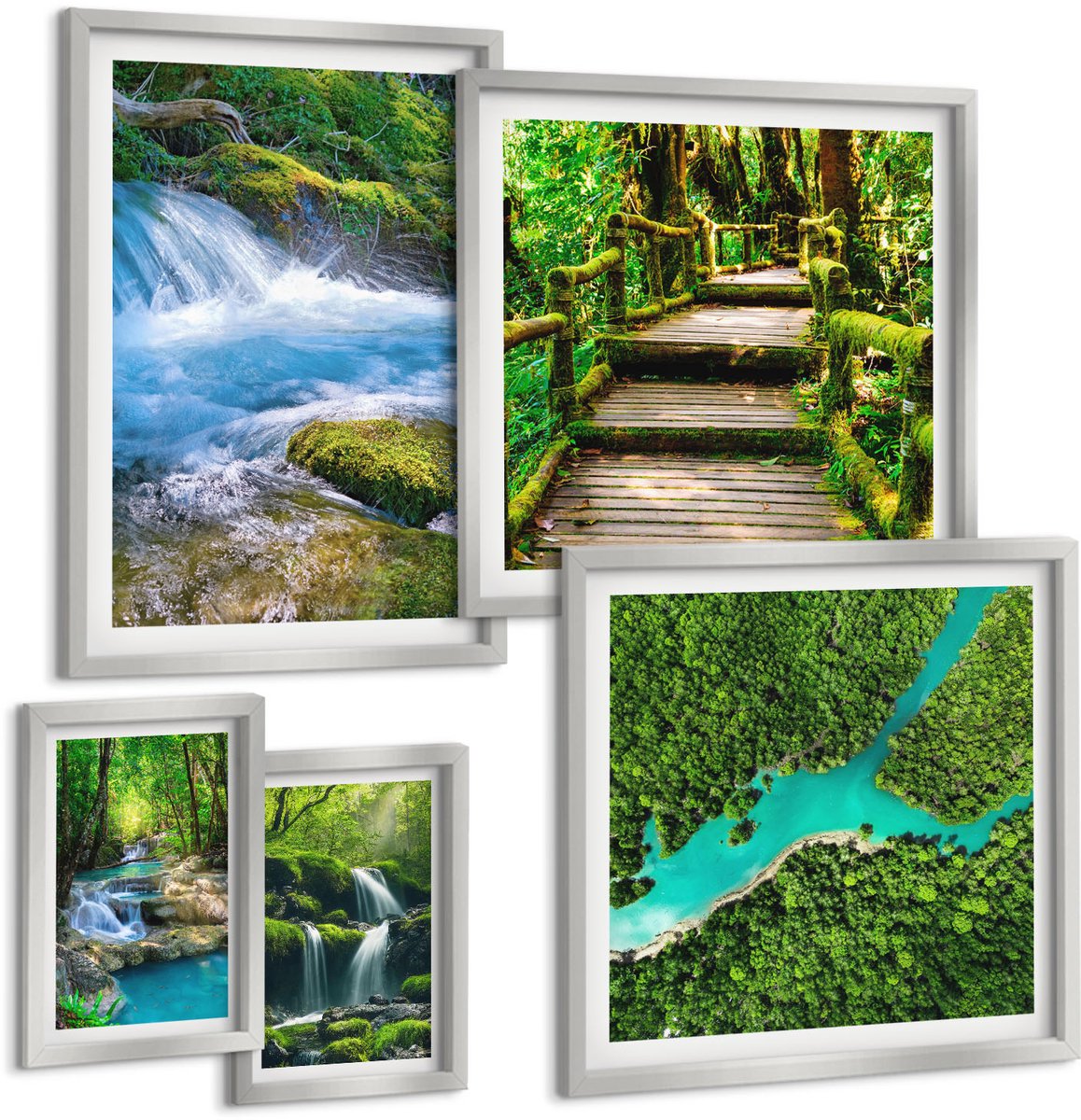 Coloray 5-Delige Schilderij Set - Groene Berglandschappen Met Rivier En Rotsen - 20 x 30 cm - Wanddecoratie - Schilderijen Set - Kantoor - Decoratieve Schilderijen