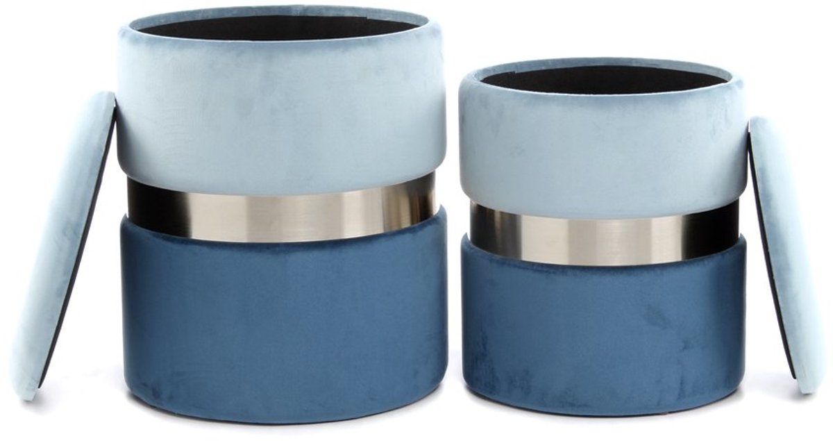 Padiro ronde opbergpoefs set van 2 Ø 31,5/36 cm - lichtblauw, zilverkleurig en blauw - fluweel - tweekleurig met sierring