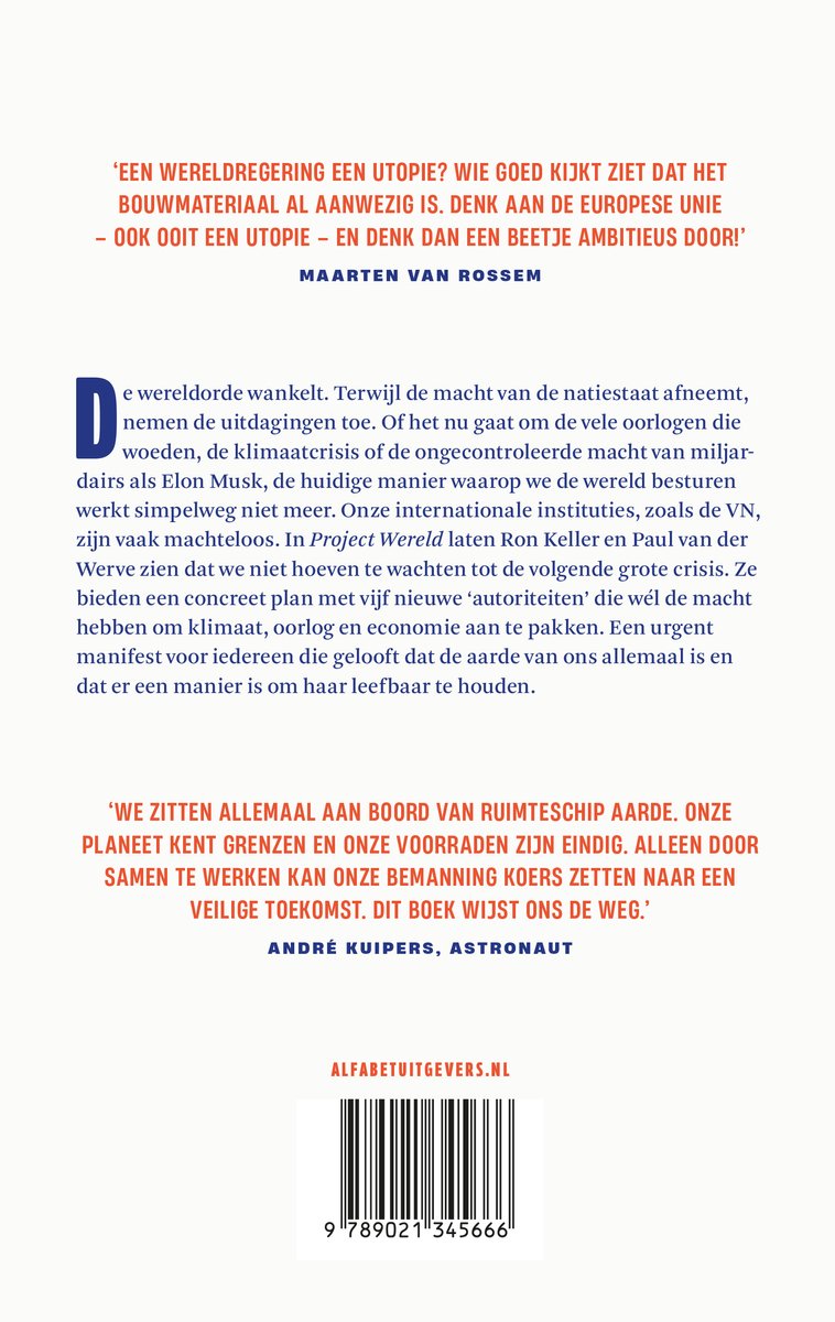 Boekomslag met citaat van Maarten van Rossem over een wereldregering.