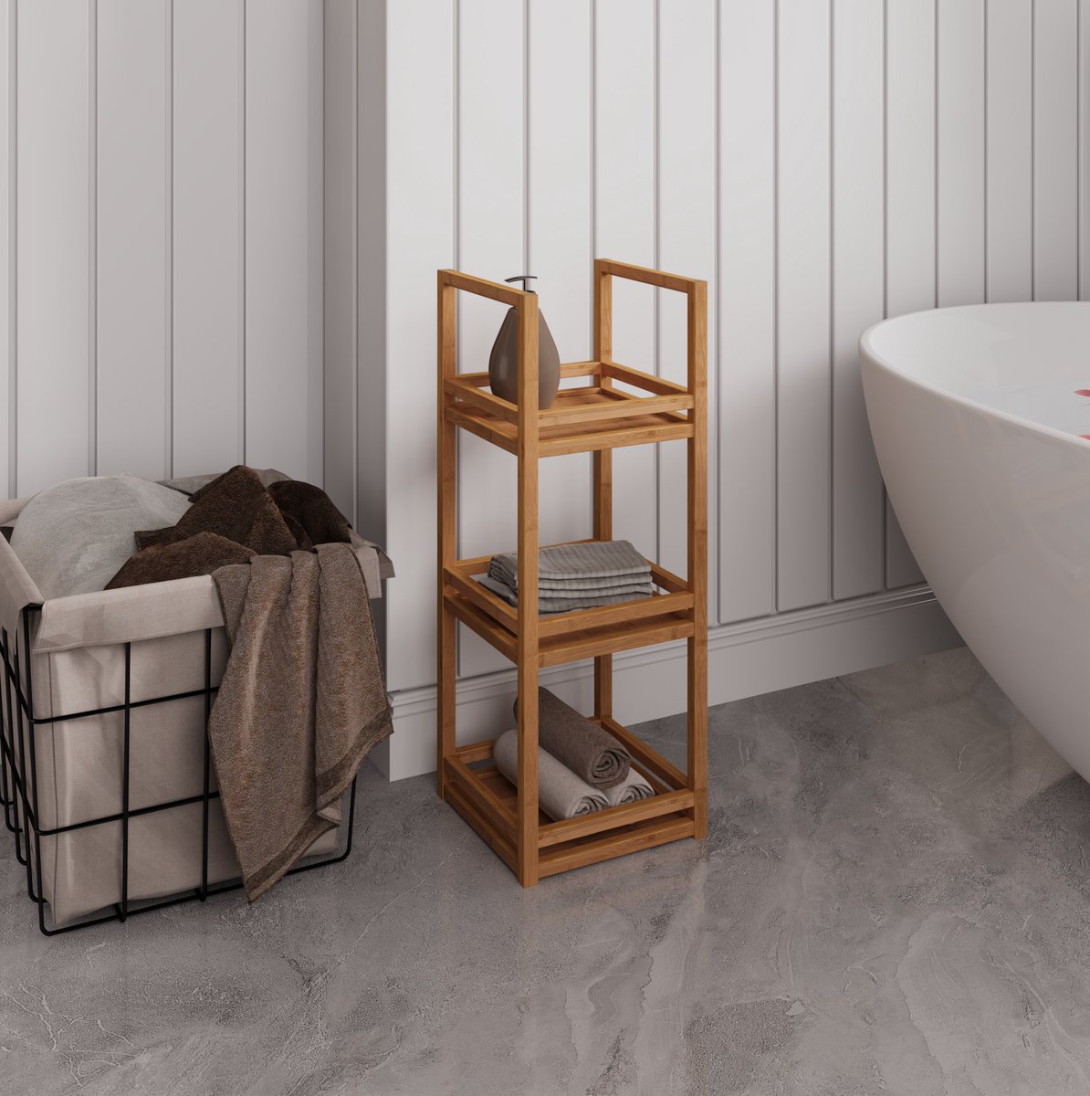 REDOM - Badkamerrek / boekenrek - 3 niveaus - smal staand rek - opstaande rand - voor badkamer en wasruimte - bamboe en MDF - Naturel - 70 x 26 x 26 cm