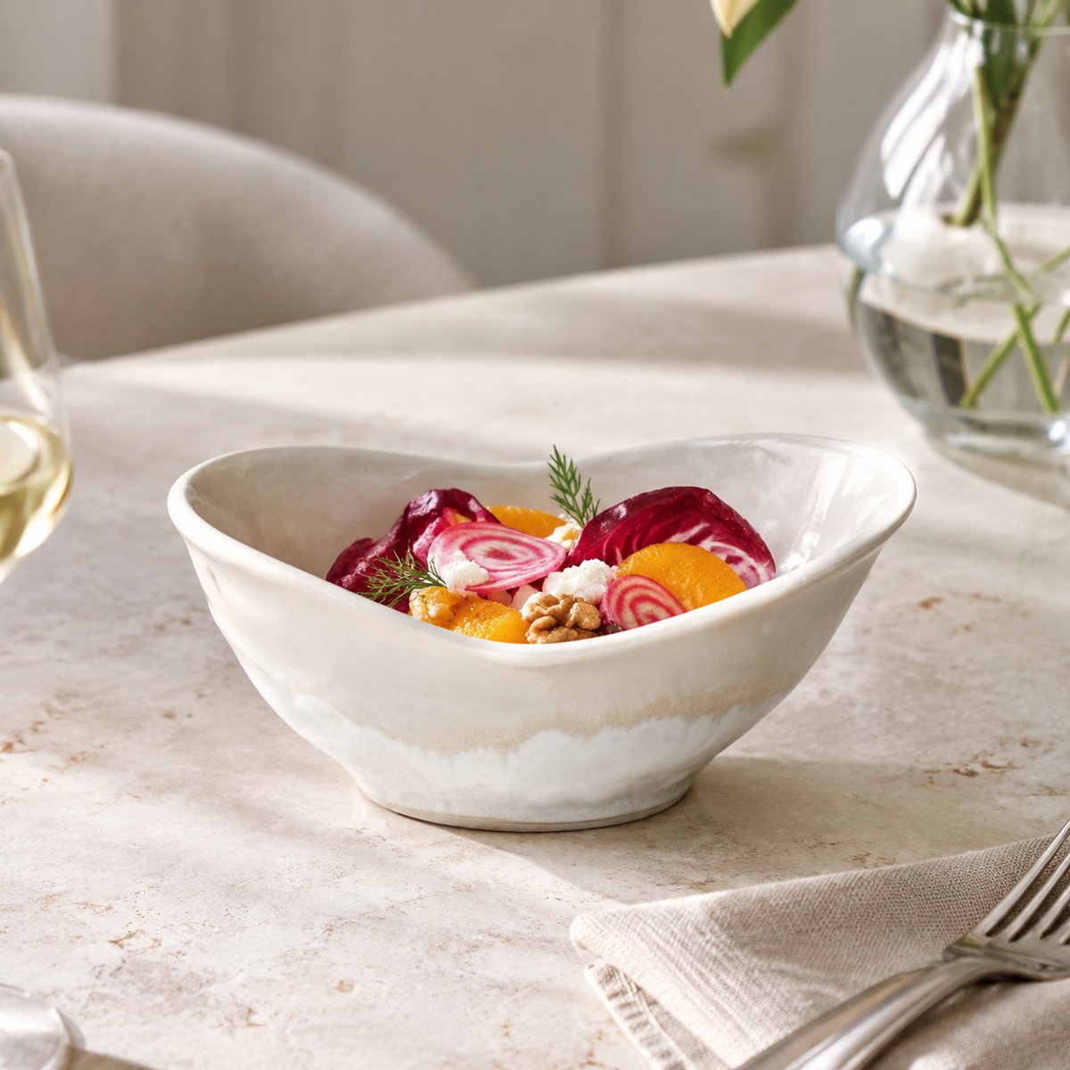Fameilleur kommenset, kommenset 4-delig, set van 4 kommen, porseleinen kommen, witte kommen, parelwitte kommen, Pure Pearl servies, ontbijtkommen, dessertkommen, saladekommen, serveerkommen, snackkommen,, schaaltjes set, porseleinen schaaltjes 14 cm,