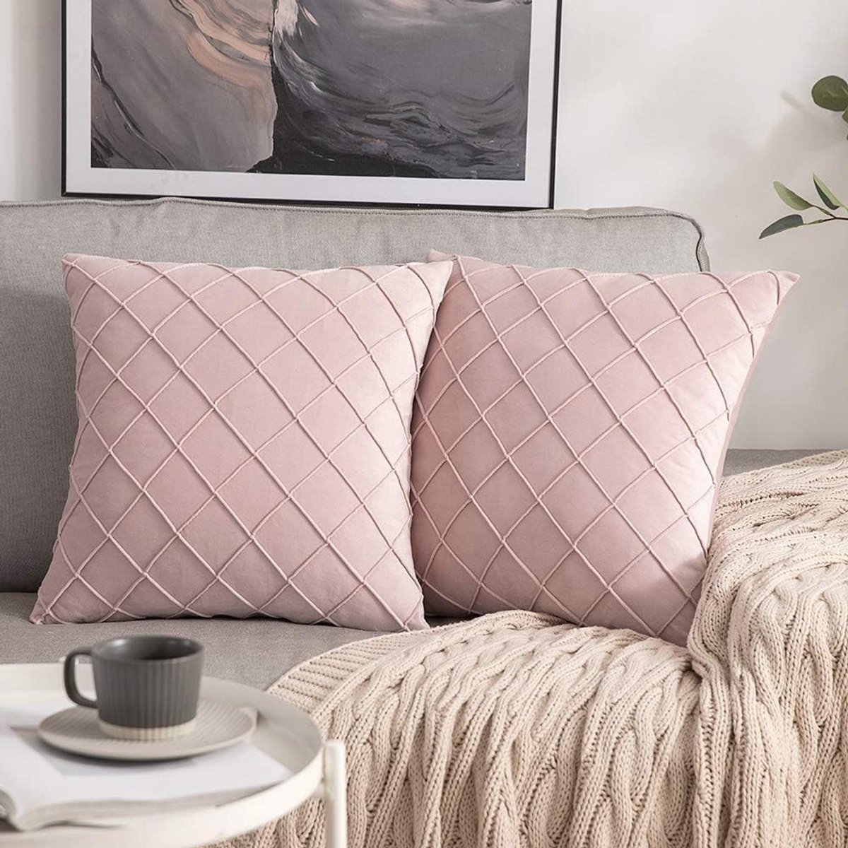 Set van 2 Vierkante Velvet Kussenhoezen met Patroon - Decoratieve Kussens voor Woonkamer en Slaapkamer - Super Zacht en Comfortabel - Roze 50 x 50 cm