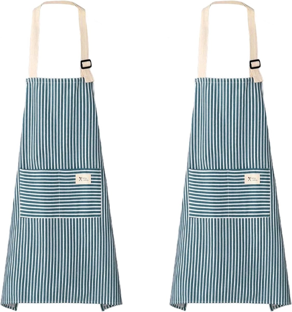 Set van 2 Unisex Keuken Schorten van Katoen en Linnen, Verstelbaar met Zakjes voor Koken, Bakken en Tuinieren, Duurzaam en Stijlvol