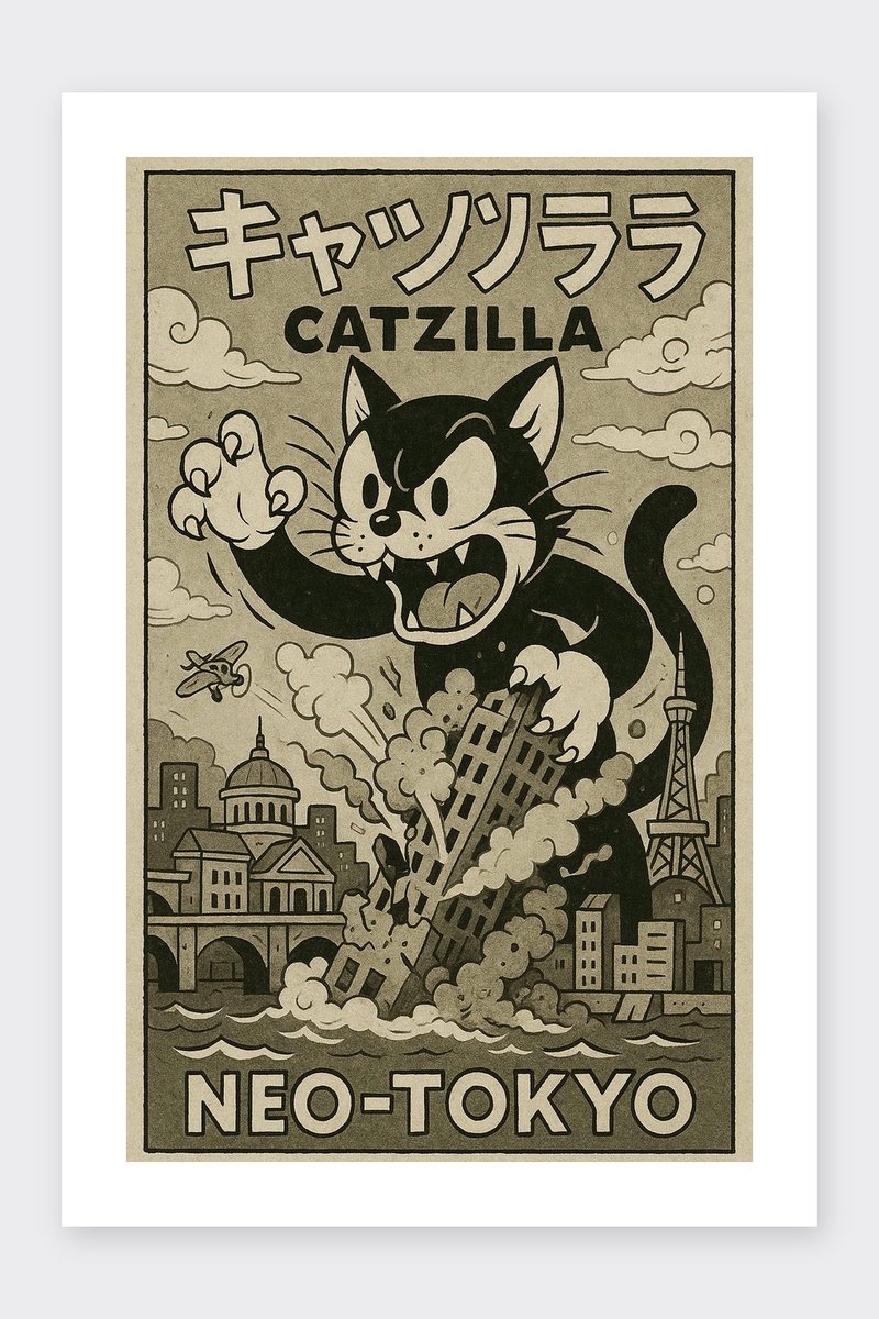 Catzilla Poster - Dieren Posters - Teksten - Zwart Wit - Passe-Partouts Effect - Wanddecoratie Tienerkamer - 180 gram papier - BL6122AZ - Formaat 70 x 100cm