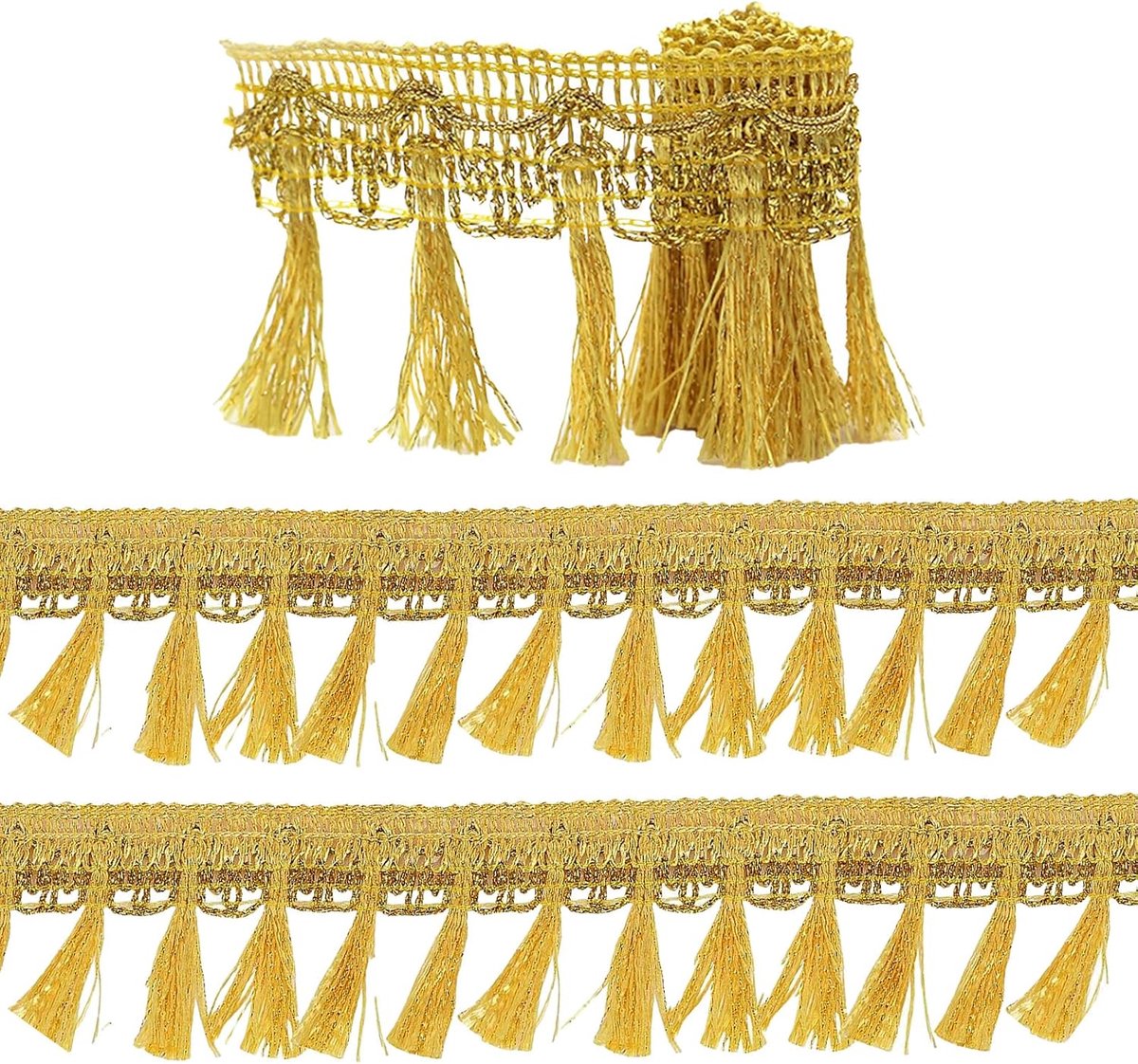 10 Meter Gouden Fransenborte Borduursel 60mm Kwastenborte Hangende Kwastenpunt Fransenband voor Gordijnen, Kleding, Schoenen en Hoeden, Woondecoratie (Goud)