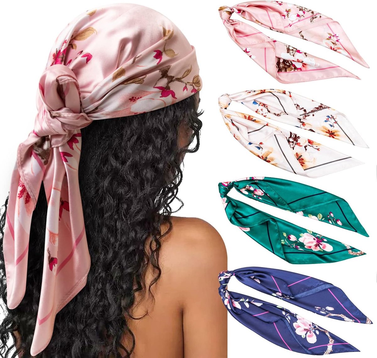 Satijnen Hoofddoek Set 4 Stuks - Vierkant Gedessineerd - Haarsjaal Dames