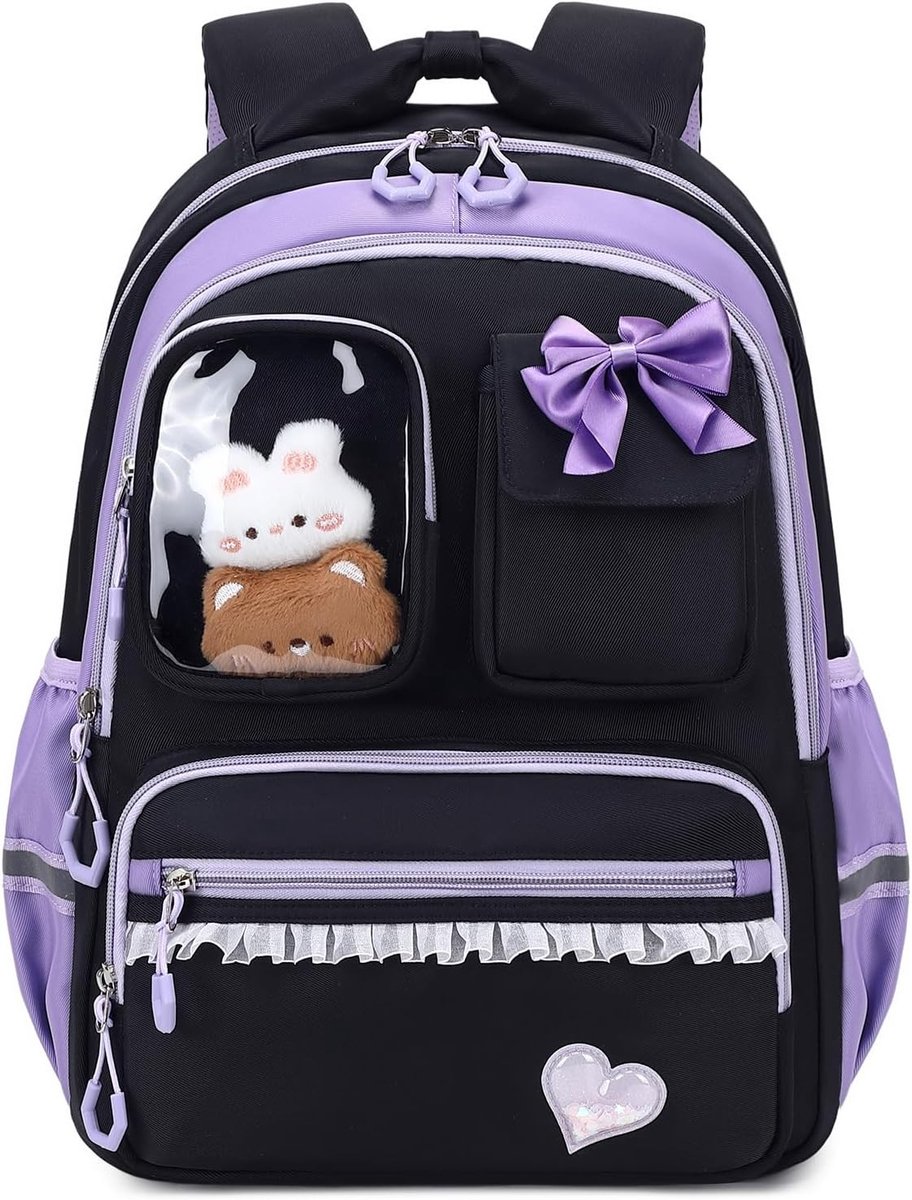 Schooltas meisje 6 jaar 12 jaar - Zwart Paars - 31 x 17 x 43 cm - Ademend Nylon Rugzak - Comfortabele Schoolrugzak voor Kinderen