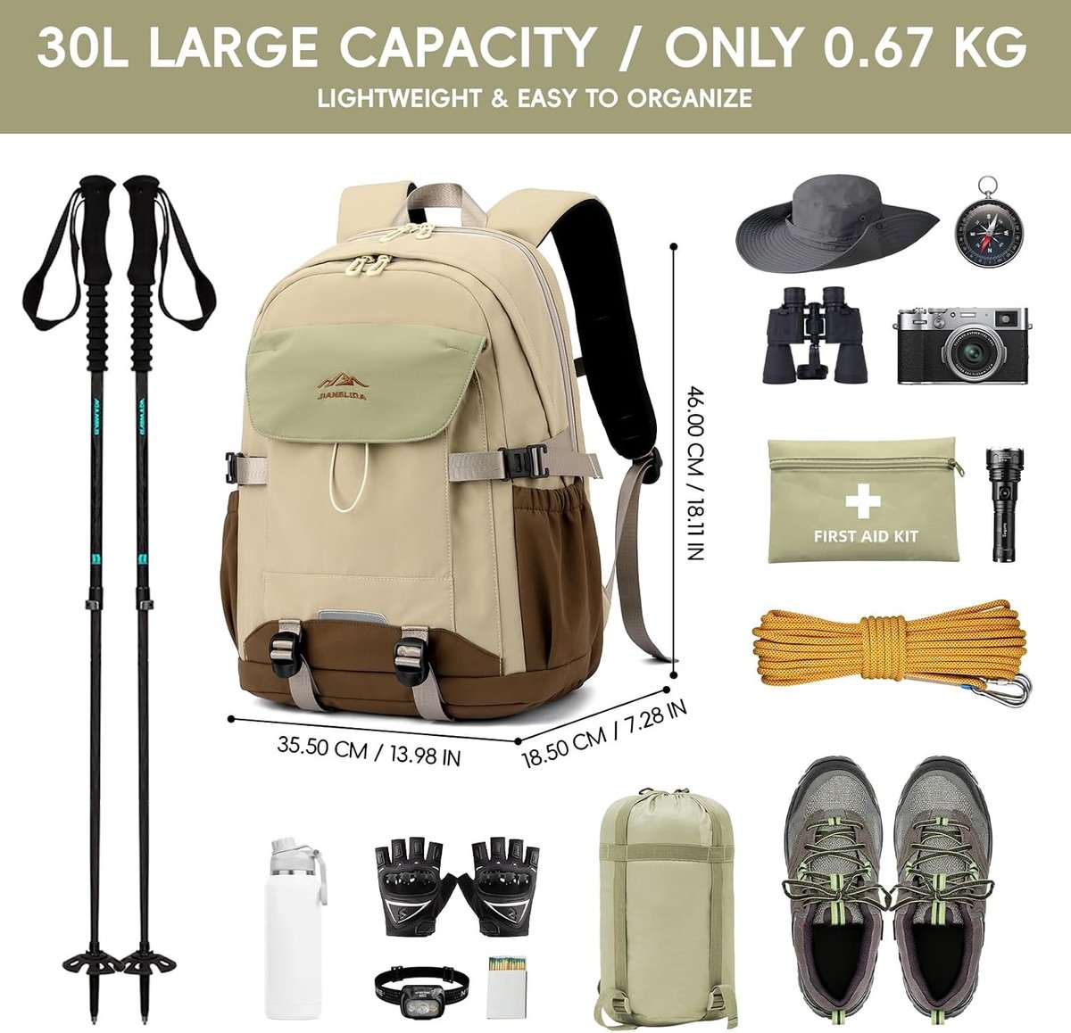 Schooltas meisje 6 jaar 12 jaar - Kaki - 18,5 x 35,5 x 46 cm - Waterdichte Rugzak 30 L - Voor Tieners en Outdoor