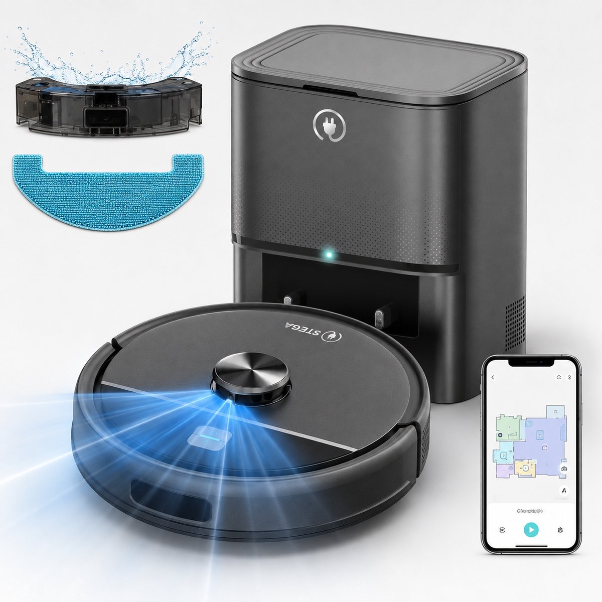STEGA RoboCleaner Max - Robotstofzuiger met Leegstation en Dweilfunctie - 5000 Pa - LDS Lasernavigatie - App - 150 min