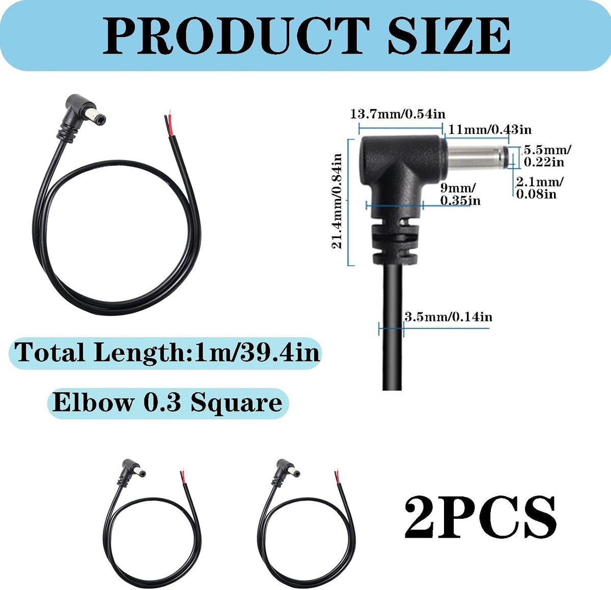 Extension Kabel met 90° Holle Stekker, Adapter voor LED Strip, Monitor en Camera, 12 Volt Voedingskabel, Zwart