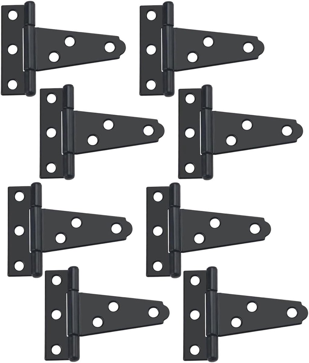 Set van 8 stevige T-scharnieren van 75 mm voor deuren, ramen, schuren en kasten, inclusief 48 schroeven, zwart metaal