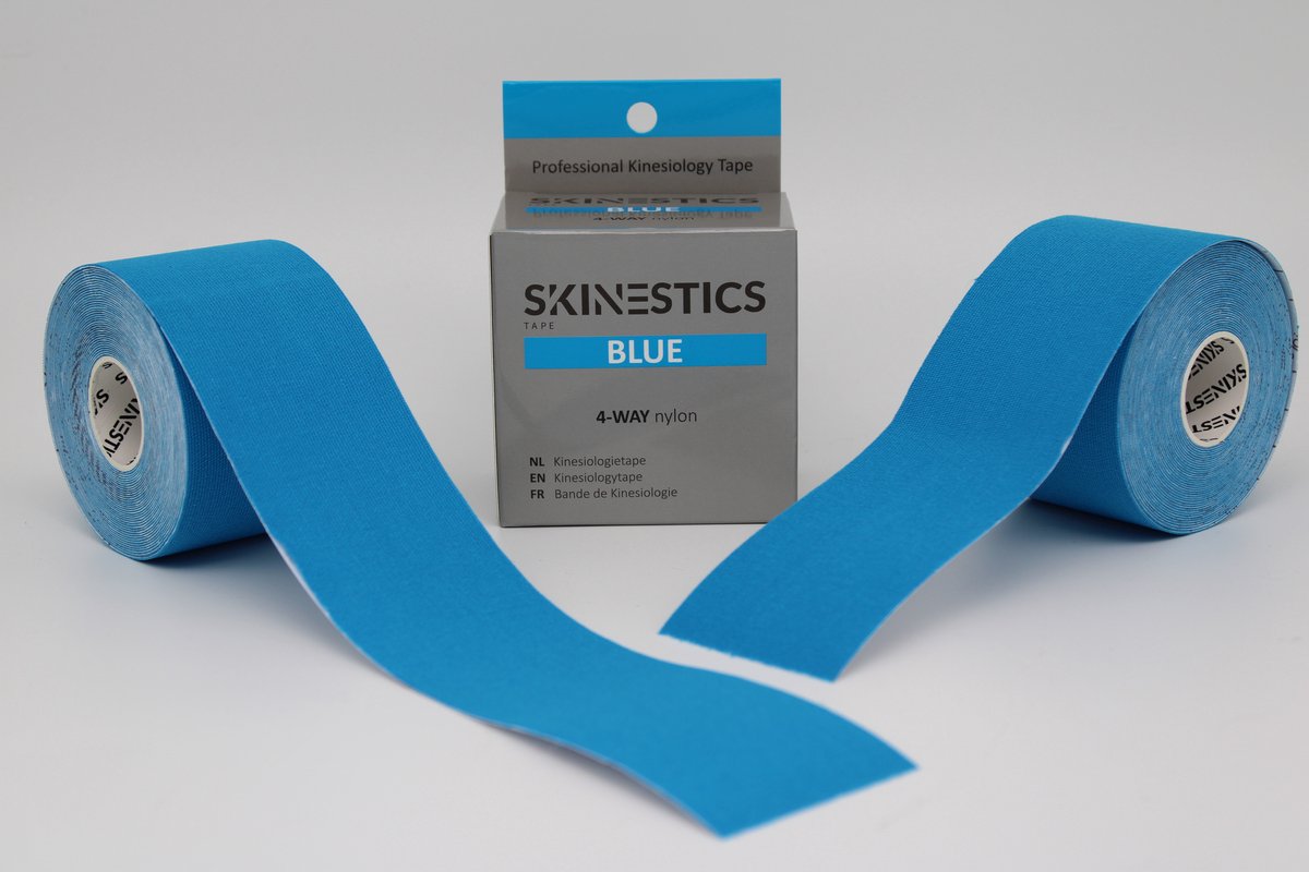 Duo pack Skinestics Sport tape – Fysio tape – Kleur blauw 4-way – nu 20% langer, 600 cm lang bij 5 cm breed, 170% rekbaar gelijk aan menselijke huid, standaard voorzien van extra sterke lijm, katoen, voor het hele lichaam