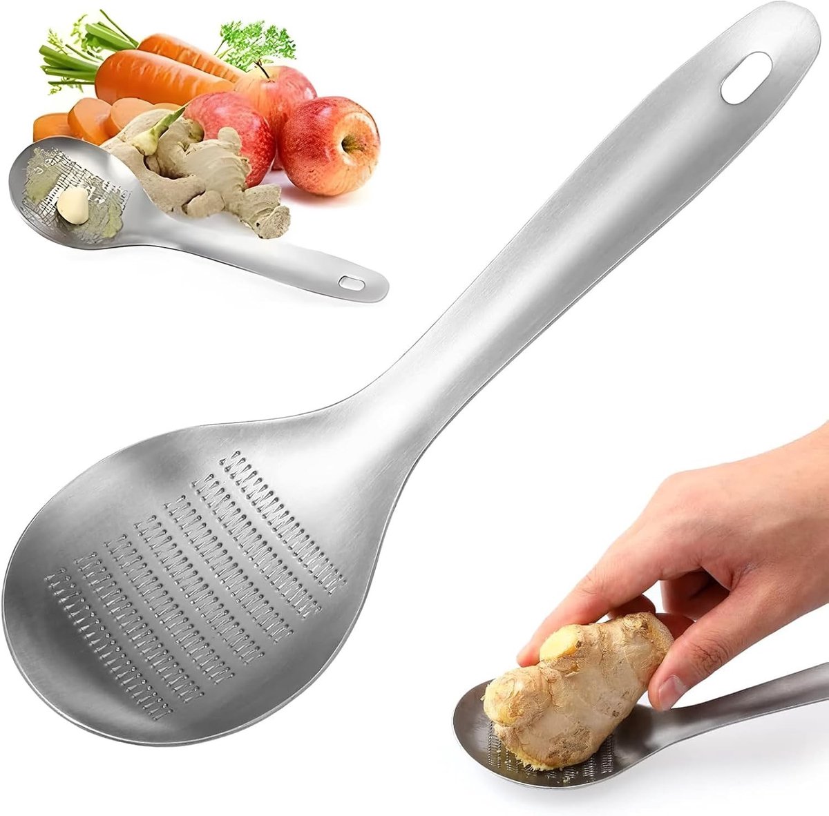 Multifunctionele 2-in-1 reislepel en keukenrasp van roestvrij staal voor gember, knoflook en kaas, ideaal keukengerei voor groenteschrapen en raspen, 7,1 x 21,8 cm