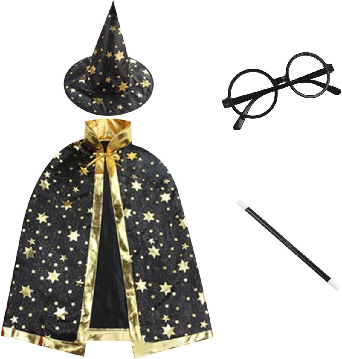 Magische Halloween Kostuums voor Kinderen - 4-delige Set met Cape, Hoed, Toverstaf en Bril voor Feestdagen en Carnaval