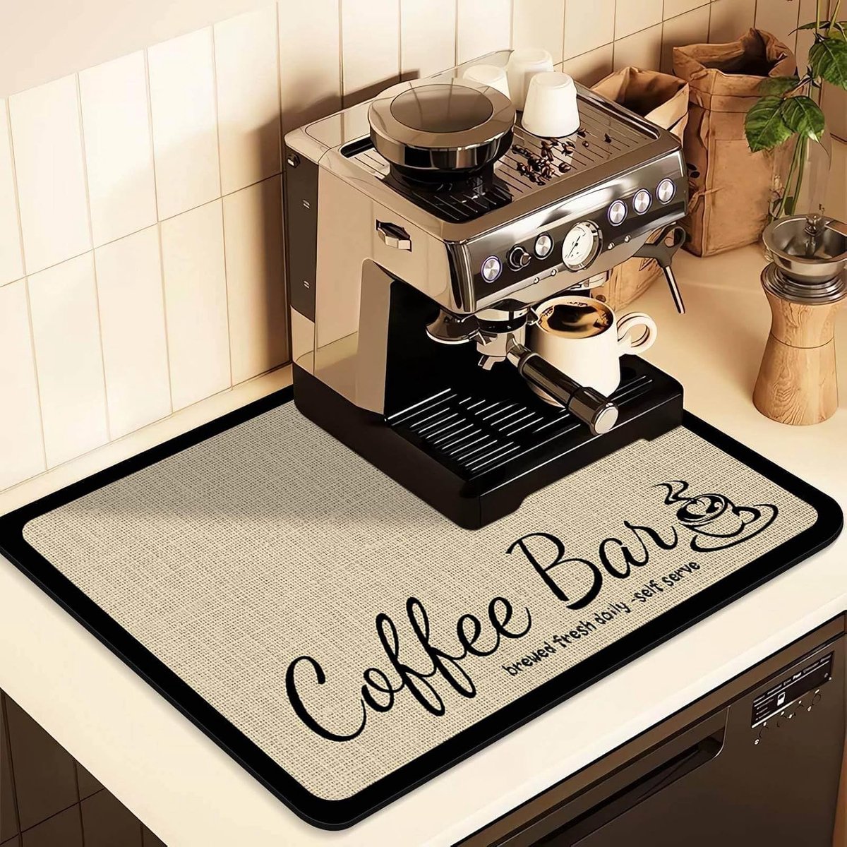 Koffiematjes geschikt voor aanrechtbladen, accessoires voor de koffiebar, zeer absorberend, vlekbestendig, gemaakt van rubber, geschikt voor aanrechtbladen, kunnen ook gebruikt worden als afdruipmatjes voor keukenbladen (beige, 30 x 48 cm).