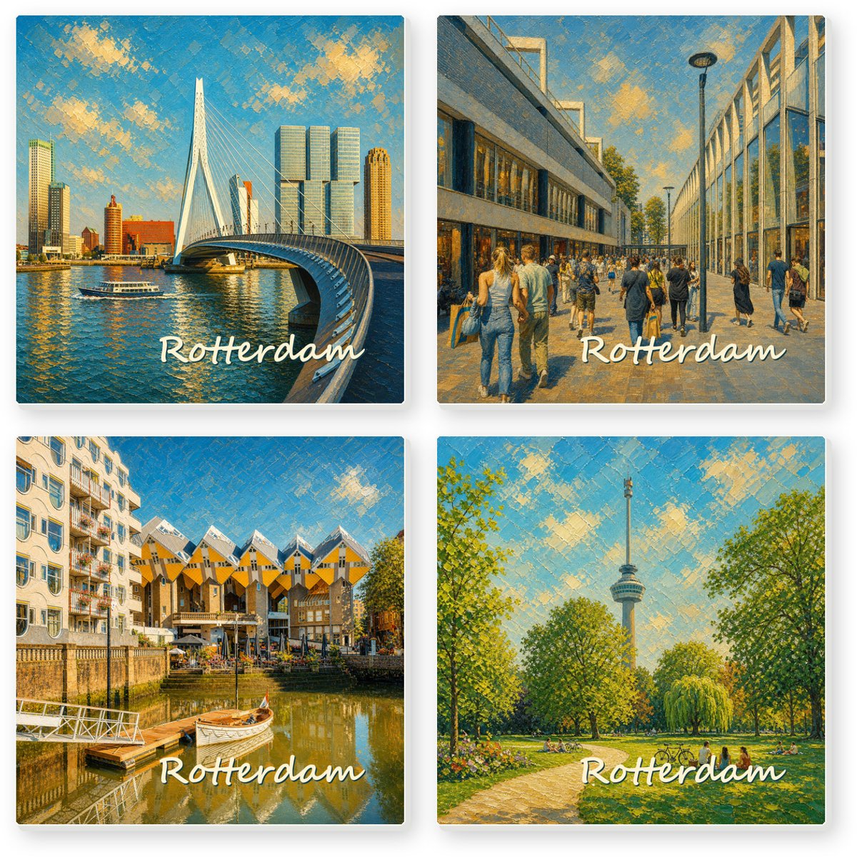 Kleurmedia Tegeltjes Rotterdam – Set van 4 – Keramiek 15 x 15 cm – Inclusief 4 transparante houders – Souvenir