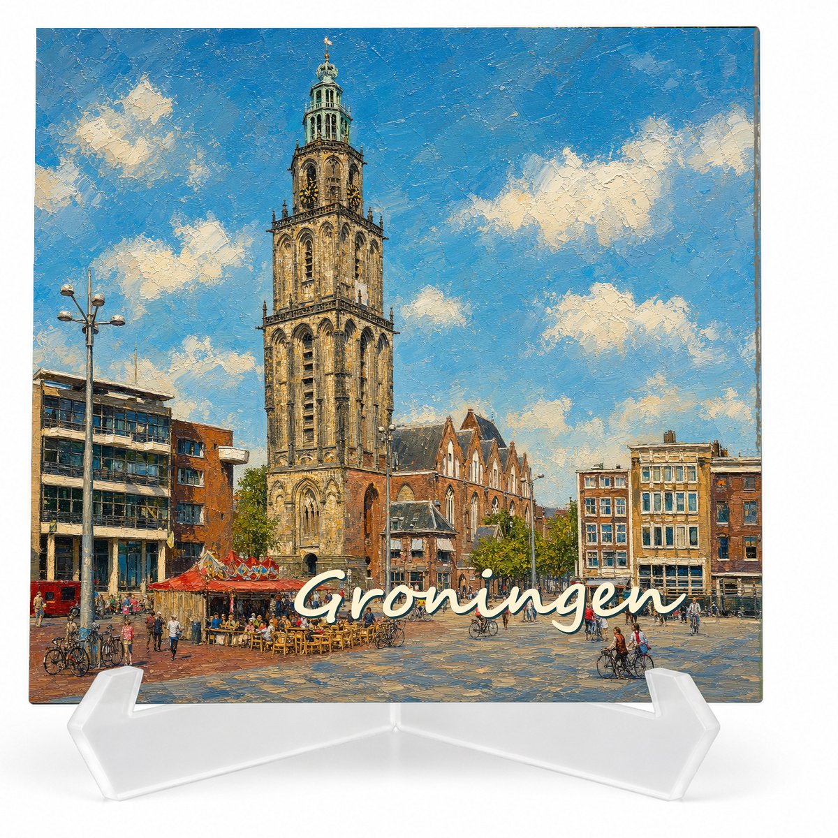 Kleurmedia Tegeltje Groningen – Martinitoren Grote Markt – Keramiek 15 x 15 cm – Inclusief transparante houder – Souvenir