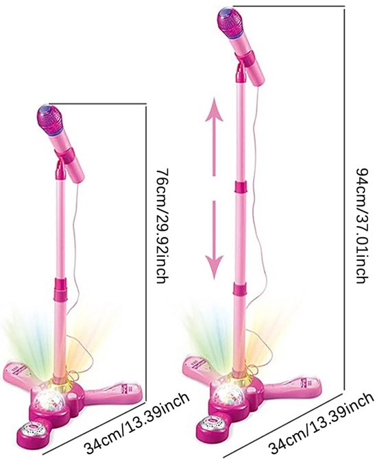 Roze Karaokemicrofoon voor Kinderen - Verstelbare Standaard 40-90 cm - Roterende Lichtbal - 10 Geluidseffecten - Voor Smartphone & MP3 - Vanaf 3 Jaar — afbeelding 5