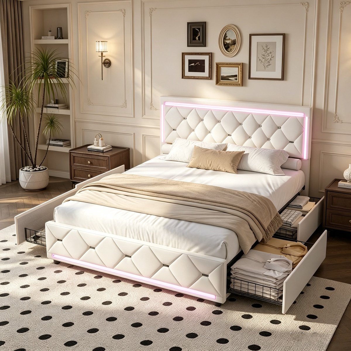 ROSAHQNDA Tweepersoonsbed 160x200 cm, gestoffeerd bed met 4 lades en LED-verlichting, opbergbed voor slaapkamer, fluweel, gebroken wit, zonder matras