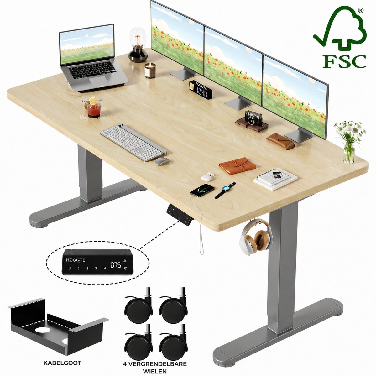Devoko Elektrisch Zit-sta Bureau157 x 80 cm - 25 mm FSC Werkblad - Dubbele Motor, 130 kg en 4 Geheugenstanden - Beige/Grijs