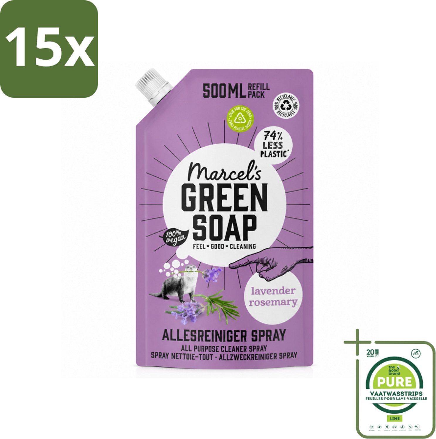 15 x Marcel's Green Soap - Allesreiniger Spray - Navulling - Lavendel & Rozemarijn - Frisse reiniging - 500 ml - Grootverpakking - Vaatwasstrips - Allesreiniger - Natuurlijke Reiniger - Biologische Reiniger - Vegan Reiniger - Lavendel En Rozemarijn
