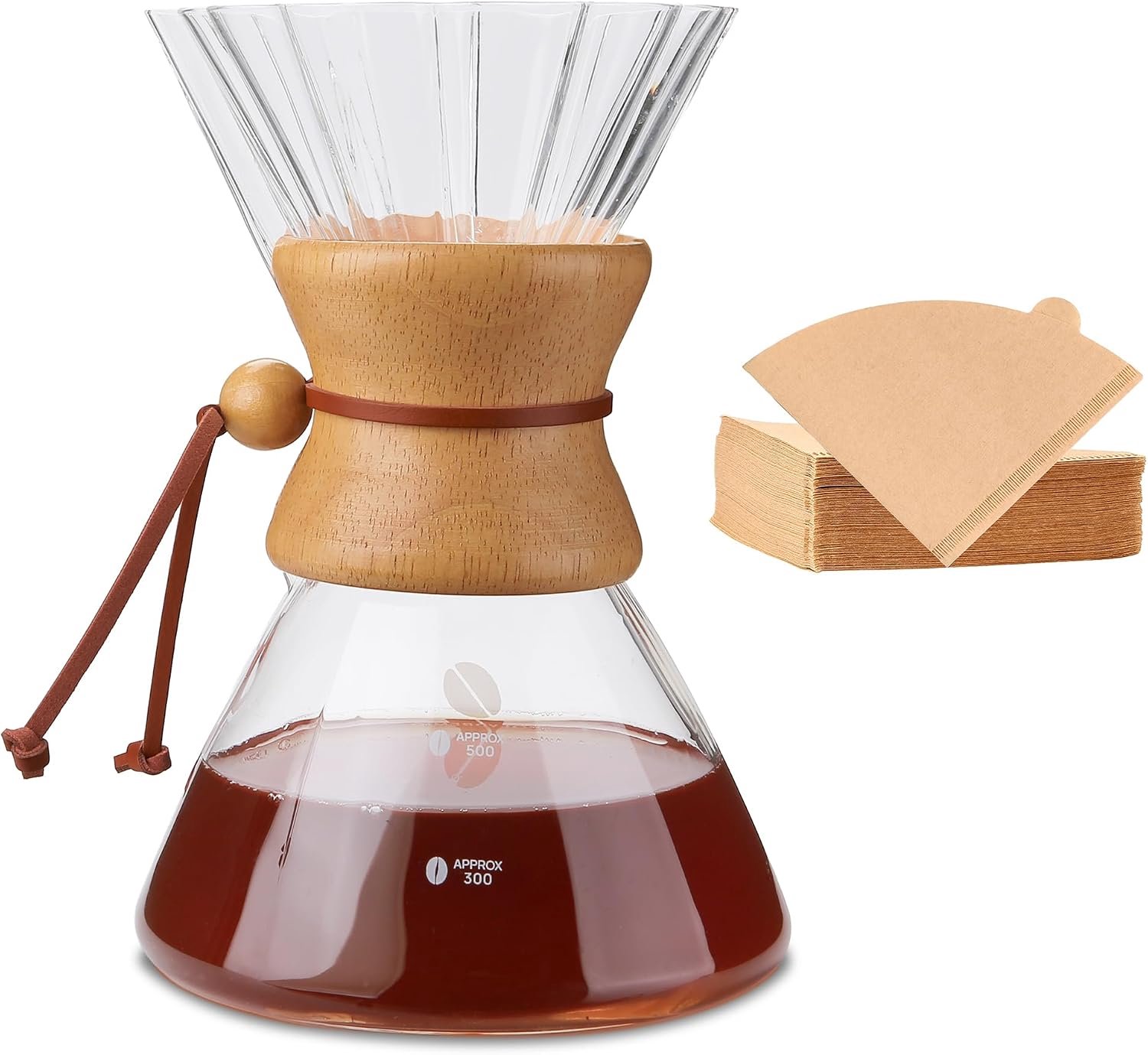 Over Koffiezetapparaat, 28oz/550 ml Hoge Warmte Borosilicaat Glas Koffiekaraf met 100 vellen Papierfilters, Houten Kraag & Lederen Touw, Glazen Koffie Druppelaar, Transparant