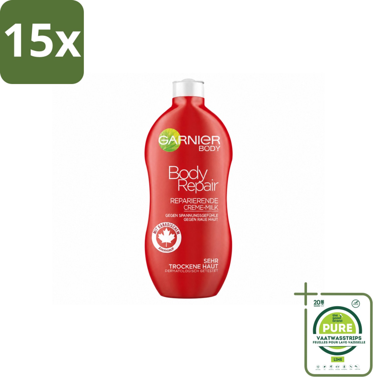 15 x Garnier - Body - Bodylotion - Repair - Herstellend & Hydraterend - 400 ml - Grootverpakking - Vaatwasstrips - Herstelende Bodylotion - Hydraterende Bodylotion - Huidverzorging - Droge Huid - Huidherstel