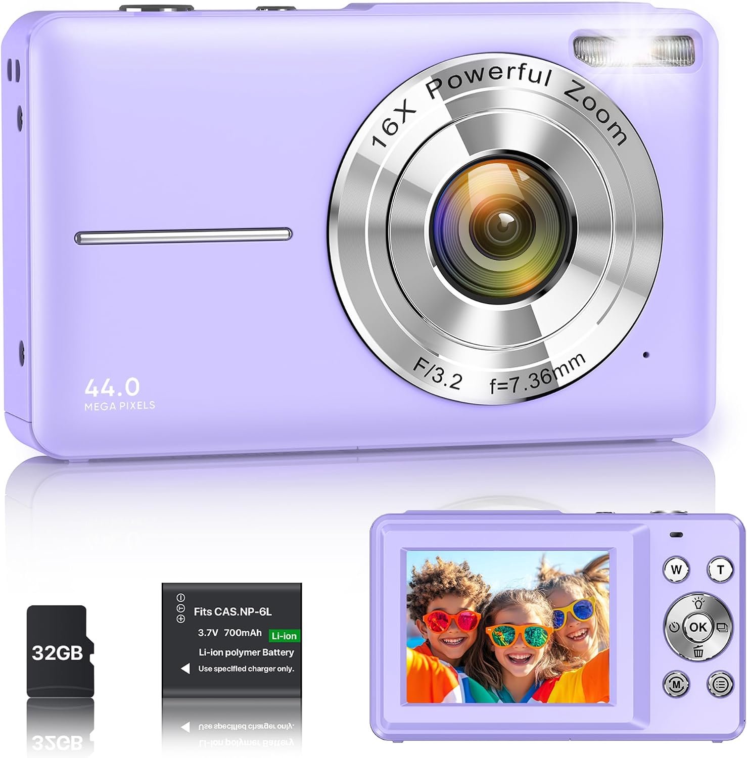 Camera, 1080p, 44 MP, vloggingcamera voor kinderen en jongeren, FHD, compact, draagbaar, met 2,4 inch scherm, 16 x zoom, mini-camera, anti-shake voor beginners, studenten, paars