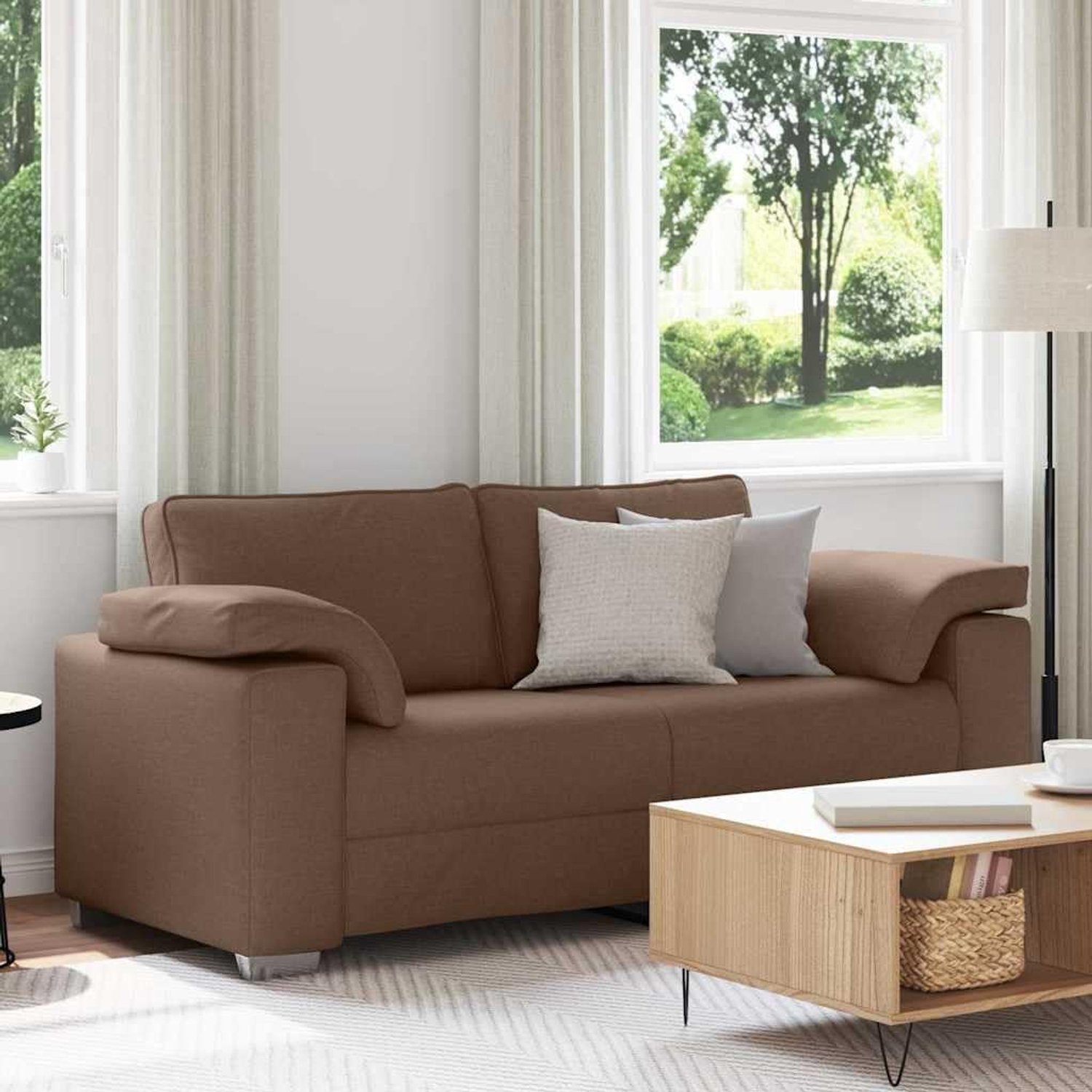 Stoffen sofa 180 x 80 x 82 cm in bruin met brede armleuningen en salontafel voor woonkamer