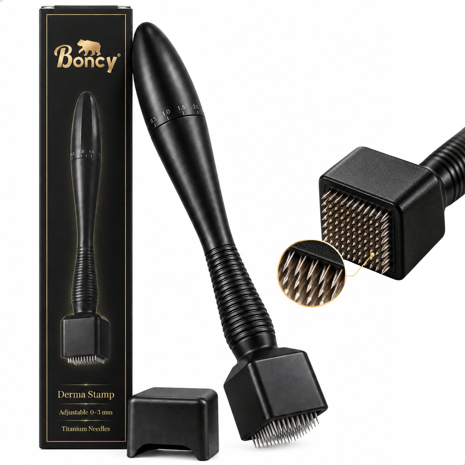 Boncy® Premium Dermastamp - Microneedling Derma Stamper - Dermaroller Verstelbaar van 0,3MM tot 3MM - Dermarollers voor Haargroei Hoofdhuid Haar - Baardroller Baardgroei Stamp - Titanium Naalden - Mannen & Vrouwen - Dermarolling - Dermapen Roller