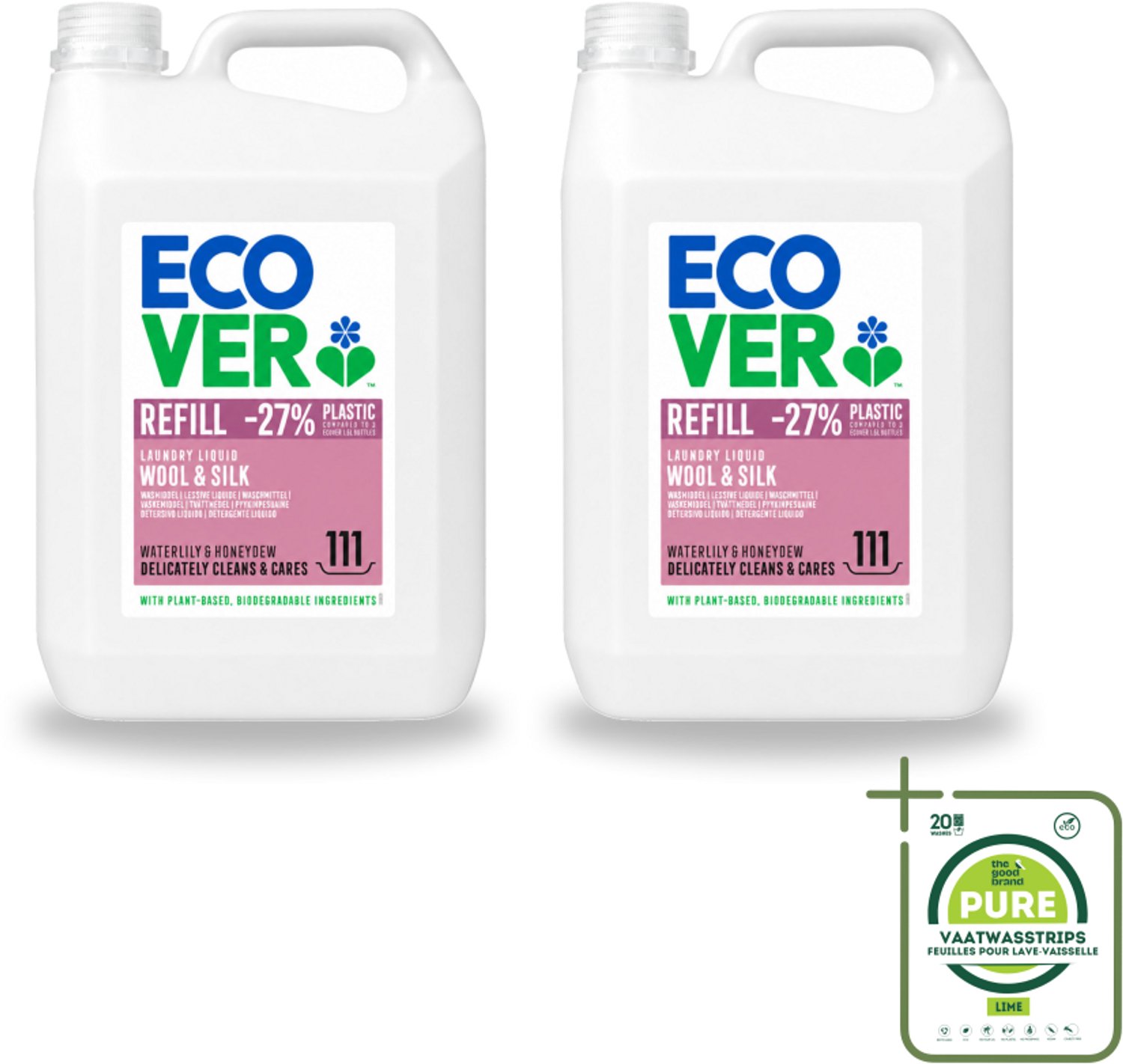 2 x Ecover - Vloeibaar wasmiddel - Wol & Fijnwas - Waterlelie & Honingmeloen - 5 liter - 111 wasbeurten - Grootverpakking - Vaatwasstrips - Fijnwas - Wolwas - Delicate Stoffen - Natuurlijk Wasmiddel - Zachte Reiniging
