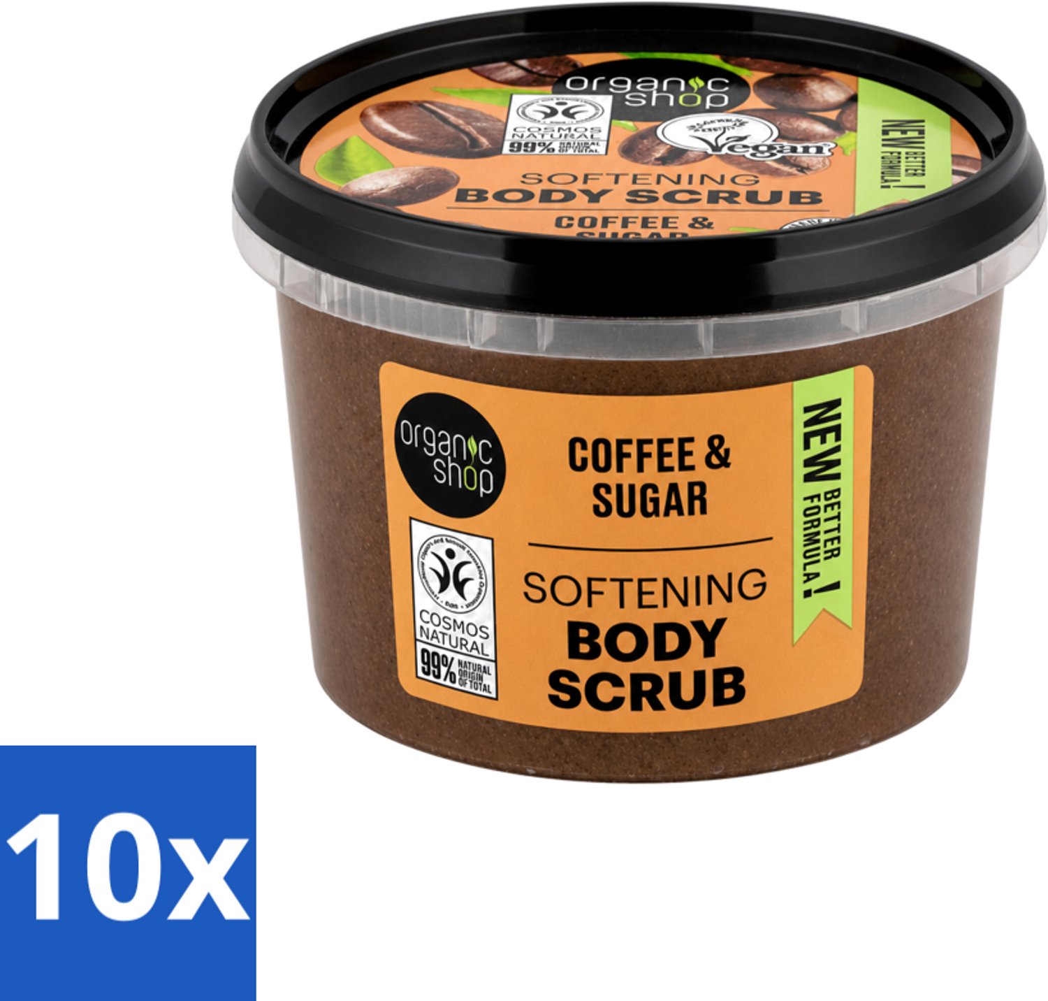 10 x Organic Shop - Organic Coffee & Sugar Body Scrub - Hydraterend en Peeling - 250 ml - Voordeelverpakking - 10 stuks
