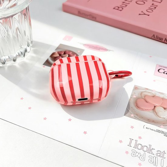 Compatibel met AirPods Pro 3e Generatie met Reinigingsset, Schattig Modieus Strepen Patroon Esthetisch Stripes Design, Schokbestendige Sleutelhanger Hoes - Rood — afbeelding 3