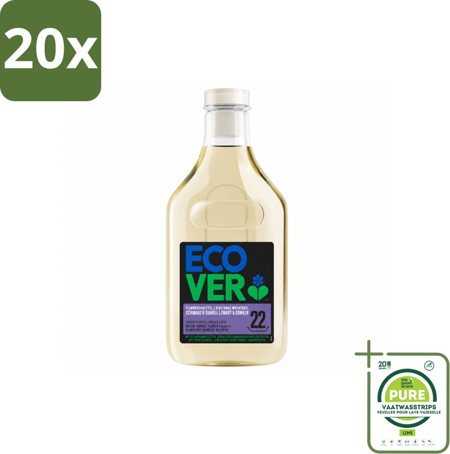 20 x Ecover - Vloeibaar wasmiddel - Zwart & Donker - 1 liter - 22 wasbeurten - Grootverpakking - Vaatwasstrips - Donker Wasmiddel - Kleurbehoud - Kleuroverdracht Voorkomen - Ecologisch Wasmiddel - Plantaardig Wasmiddel