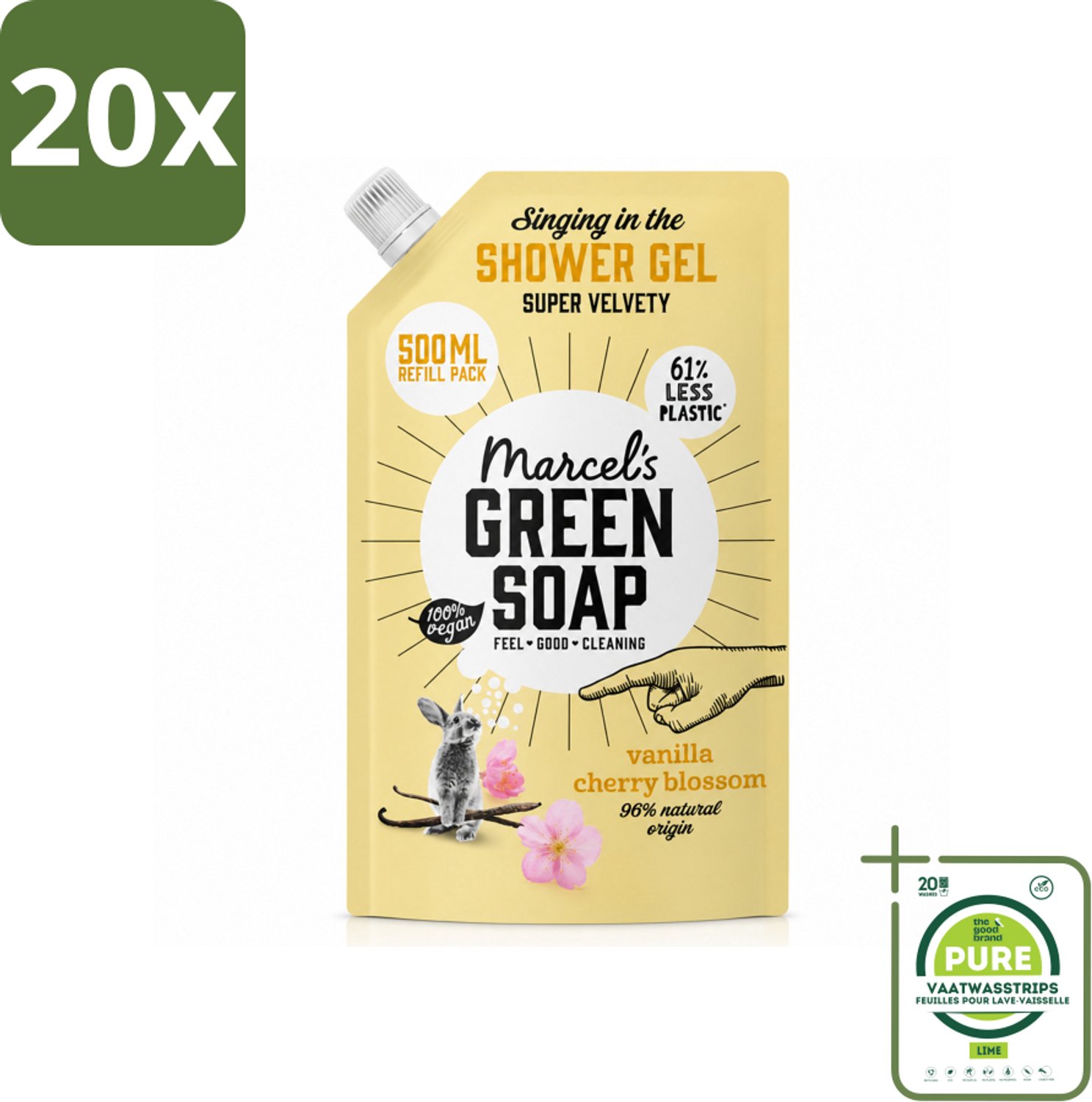 20 x Marcel's Green Soap - Shower Gel - Navulling - Vanille & Kersenbloesem - Krachtige werking - 500 ml - Grootverpakking - Vaatwasstrips - Douchegel - Natuurlijke Douchegel - Ecologische Douchegel - Vegan Douchegel - Biologische Douchegel