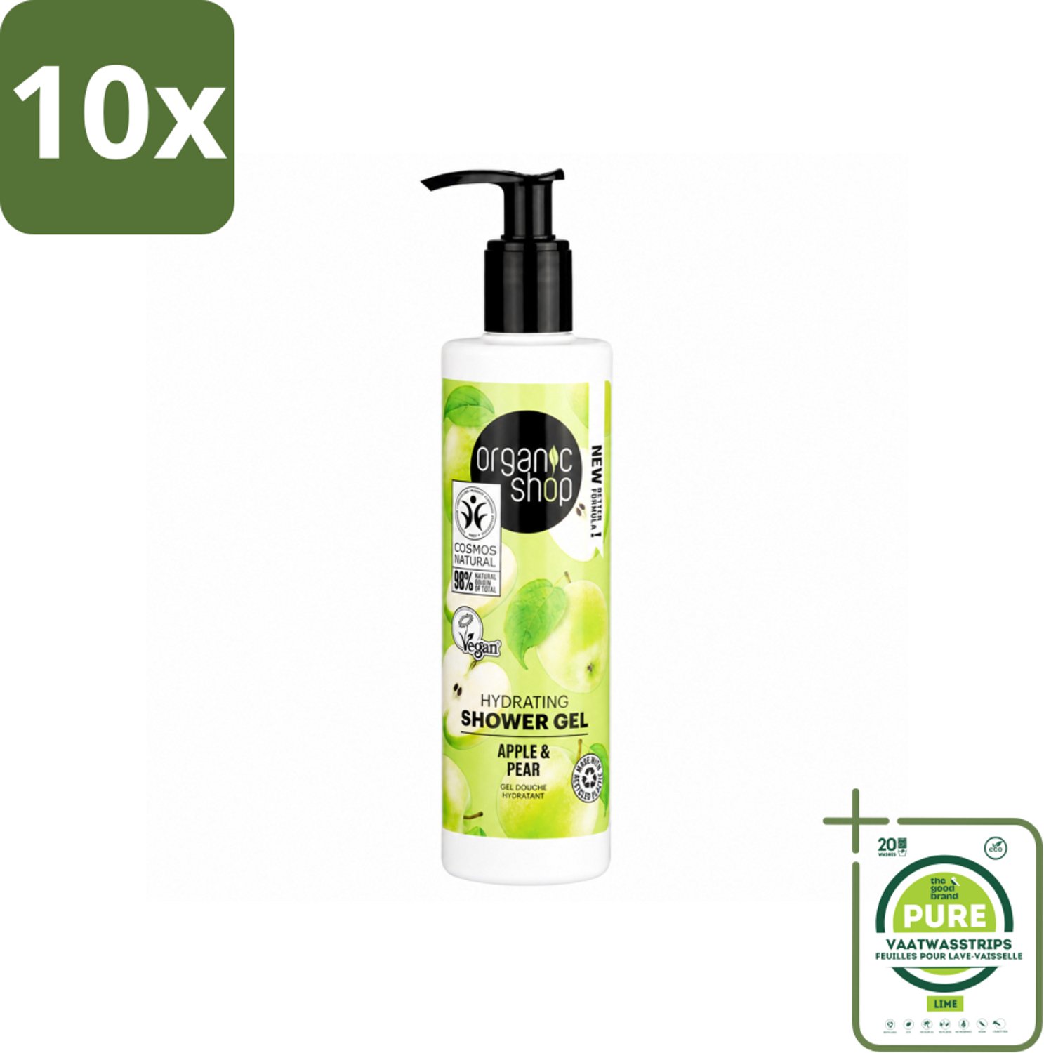 10 x Organic Shop - Douchegel Apple & Pear - Verfrissend en Hydraterend - 280 ml - Grootverpakking - Vaatwasstrips - Douchegel - Natuurlijke Douchegel - Biologische Douchegel - Appel En Peren Douchegel - Hydraterende Douchegel