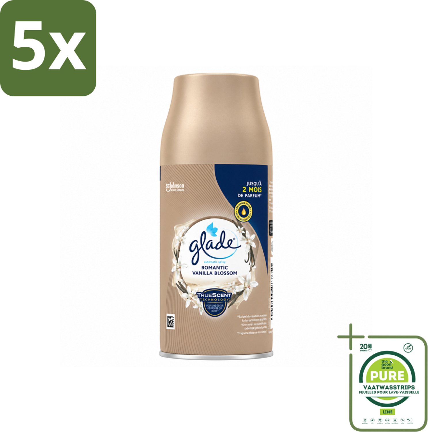 5 x Glade - Romantic Vanillebloesem Navulling - 269 ml - Grootverpakking - Vaatwasstrips - Romantische Geur - Vanille - Bloesem - Geurverspreiding - Essentiële Oliën
