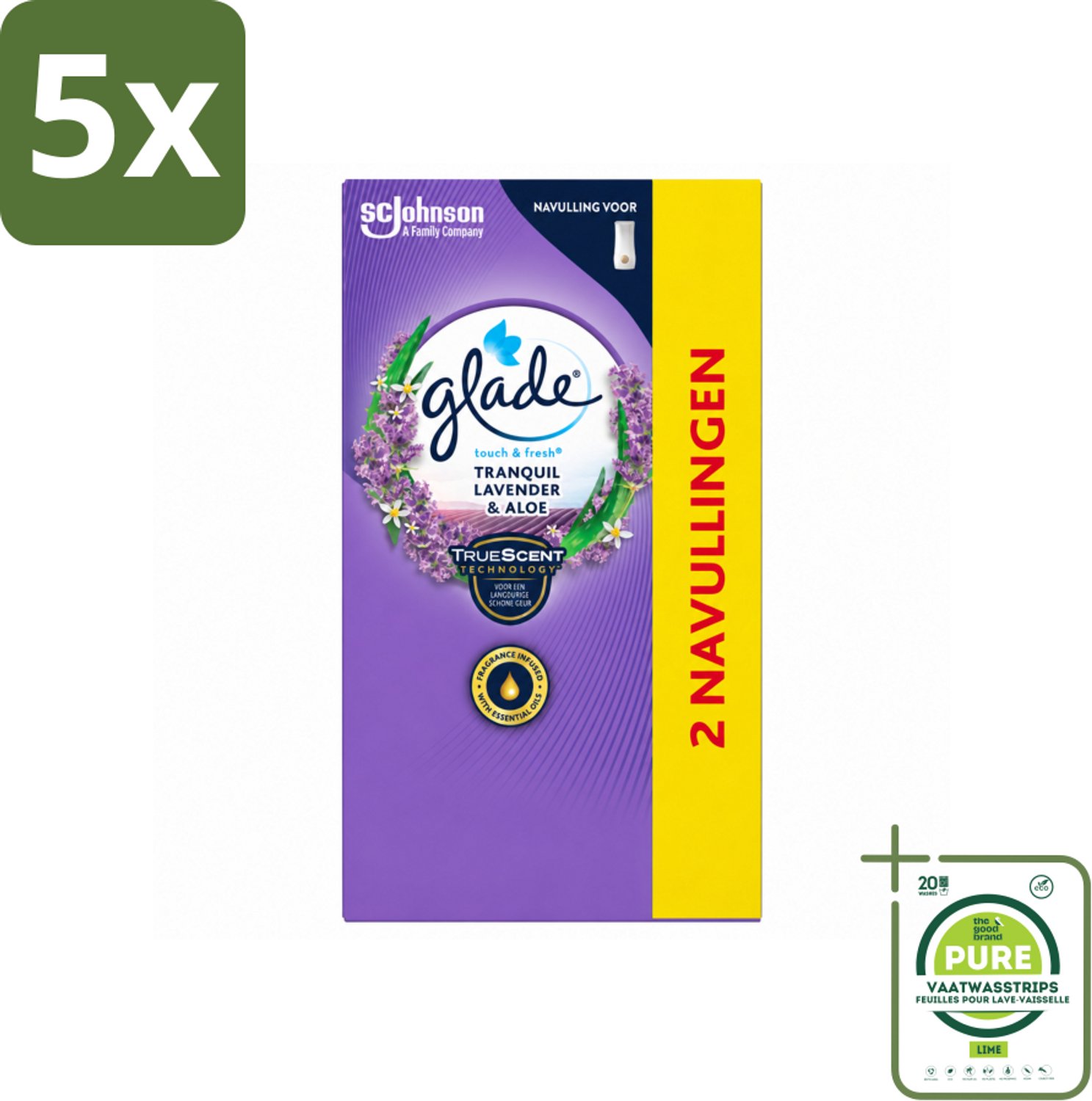 5 x Glade - Touch & Fresh Navulling - Tranquil Lavender & Aloë - 2 × 10 ml - Grootverpakking - Vaatwasstrips - Geur - Ontspanning - Frisse Geur - Natuurlijke Geur - Kalme Geur