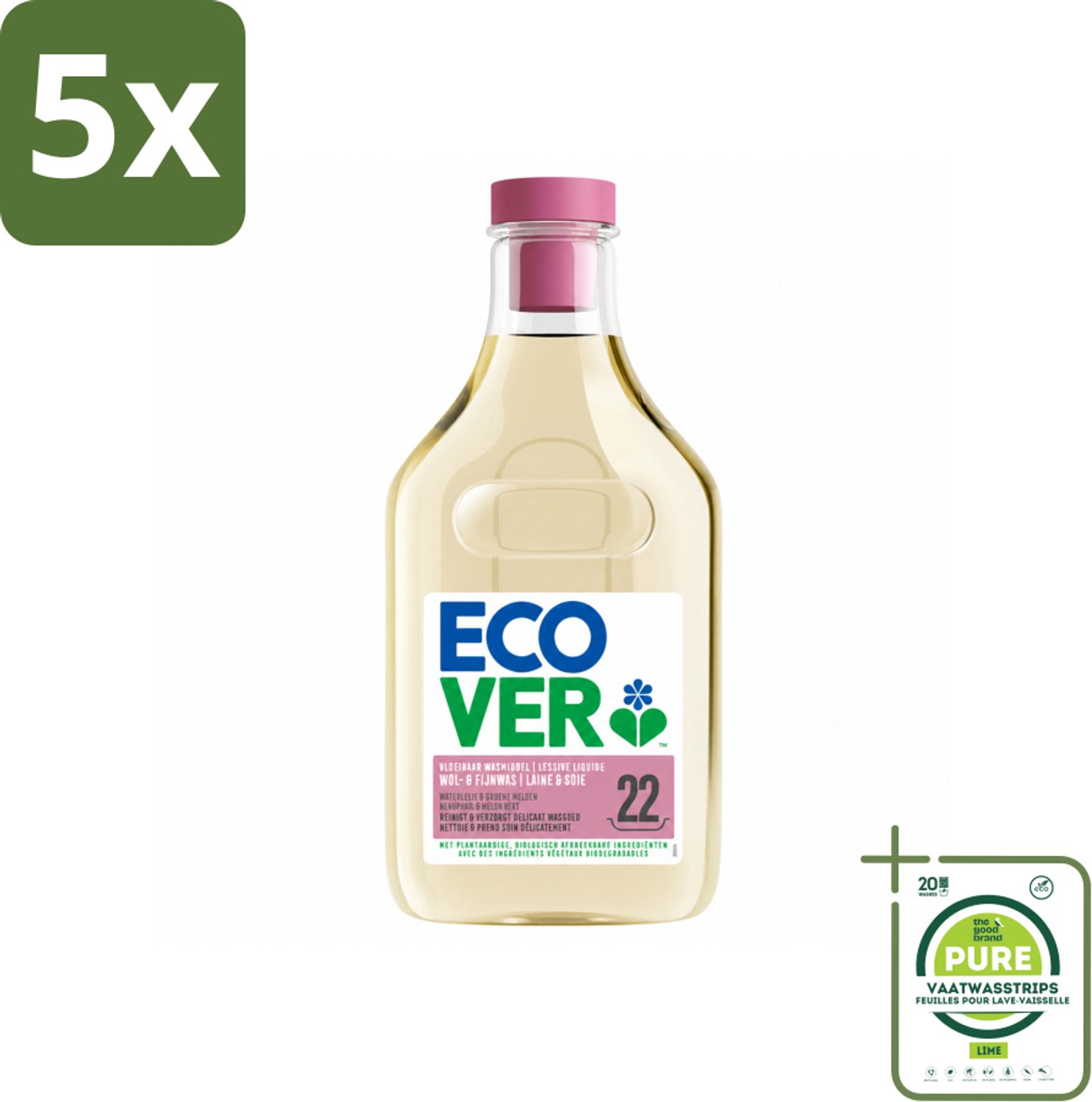 5 x Ecover - Vloeibaar wasmiddel - Wol & Fijnwas - 1 liter - 22 wasbeurten - Grootverpakking - Vaatwasstrips - Zachte Wasmiddelen - Wol Wasmiddel - Fijnwas - Delicate Stoffen - Biologisch Afbreekbaar