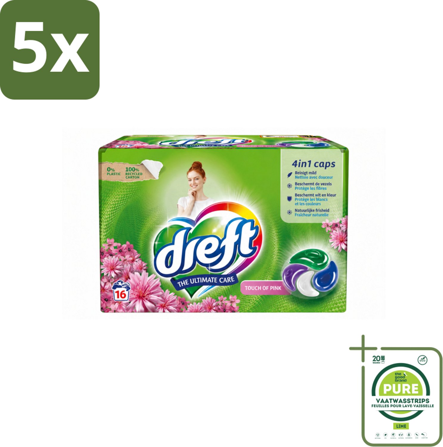 5 x Dreft - Wasmiddelcapsules - Touch of Pink - Geurige verzorging - 16 Wasbeurten - Grootverpakking - Vaatwasstrips - Wasmiddel - Wasmiddelcapsule - Plasticvrije Verpakking - Milieuvriendelijk - Kleurenbehoud