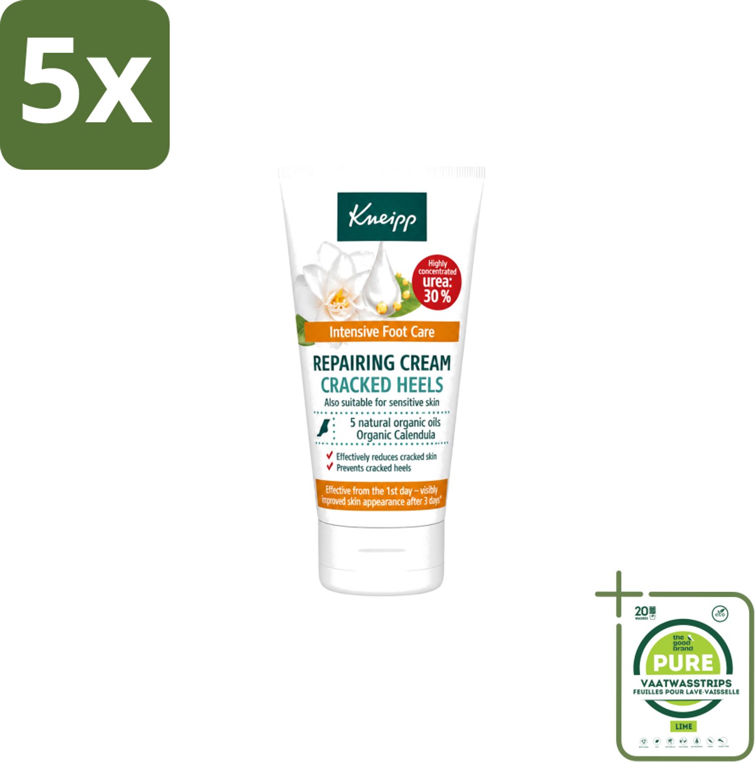 5 x Kneipp - Hielklovencrème - 30 % ureum - Geschikt voor diabetici - 50 ml - Grootverpakking - Vaatwasstrips - Kneipp Hielklovencrème - 30% Ureum - Droge Hielen - Gebarsten Hielen - Voetverzorging