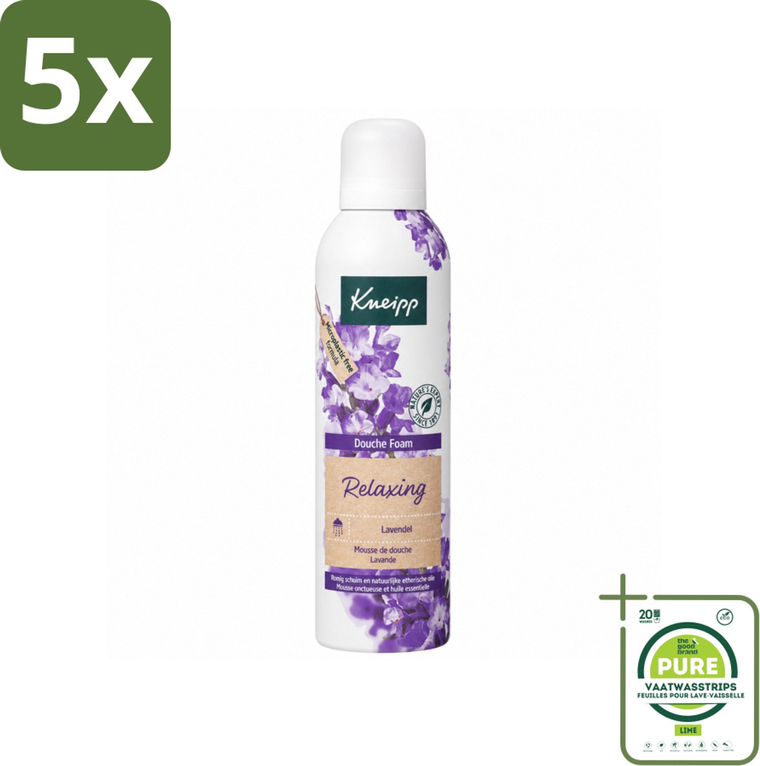 5 x Kneipp - Douche schuim - Relaxing - Lavendel - 200 ml - Grootverpakking - Vaatwasstrips - Douche Schuim - Ontspanning - Lavendel - Rust - Natuurlijke Geur